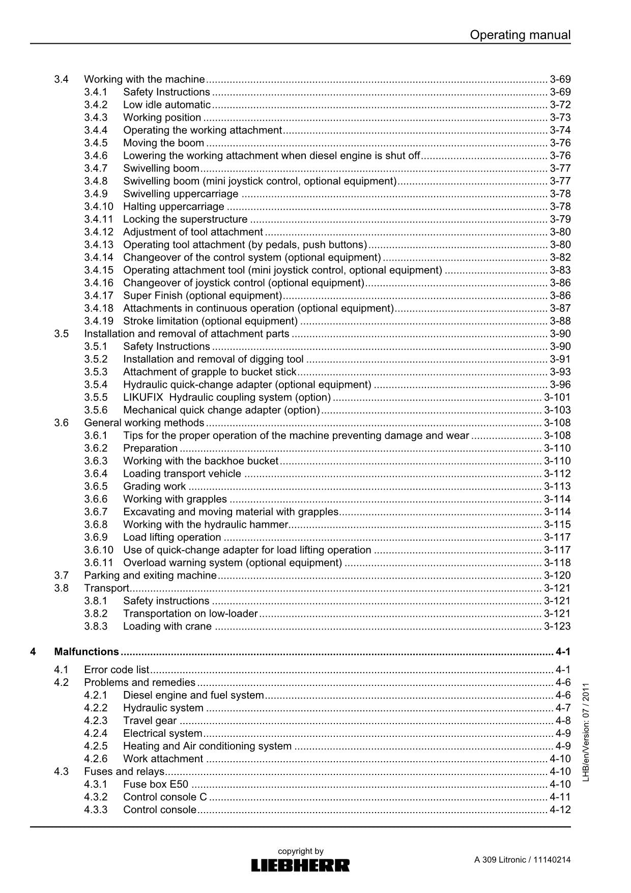 Liebherr A309 Litronic Excavator  Operators manual serial 57249