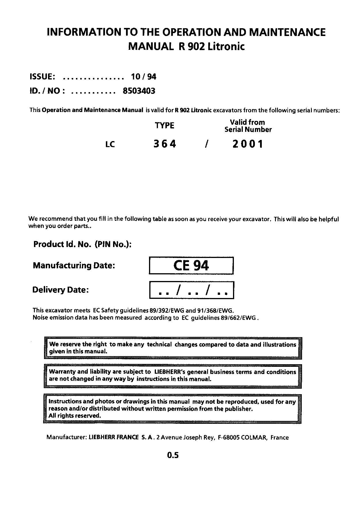 Liebherr R902 Litronic Excavator Operators manual serial 2001