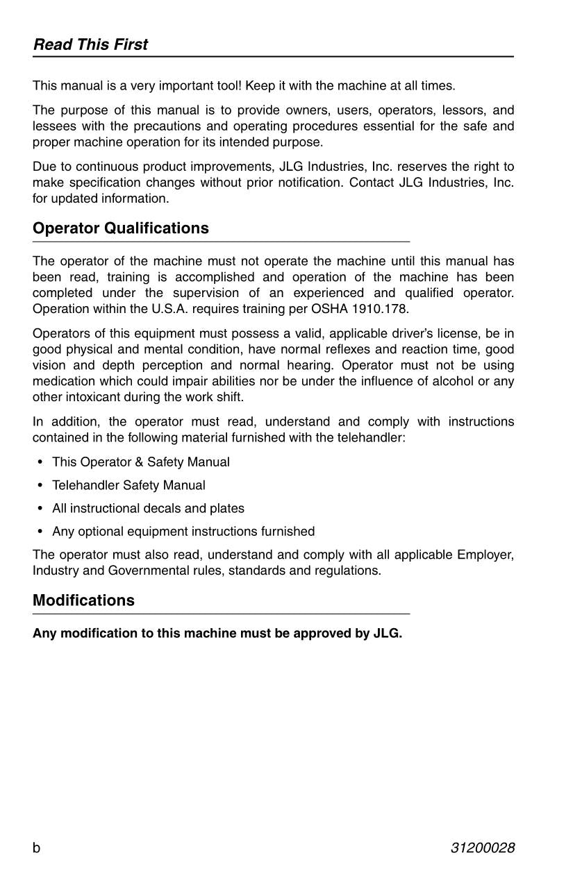 JLG 3513 4013 4017 Telehandler Maintenance Operation Operators Manual 31200028