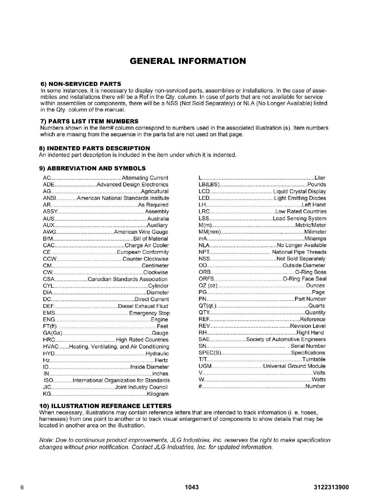 JLG 1043 Telehandler Parts Catalog Manual