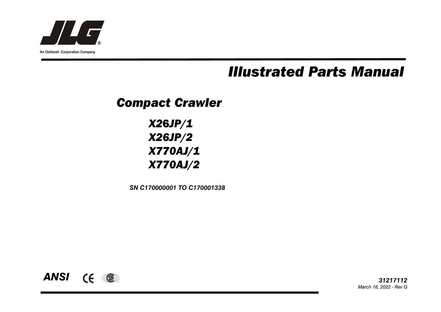 JLG X26JP X770AJ Compact Crawler Boom Parts Catalog Manual Multi language