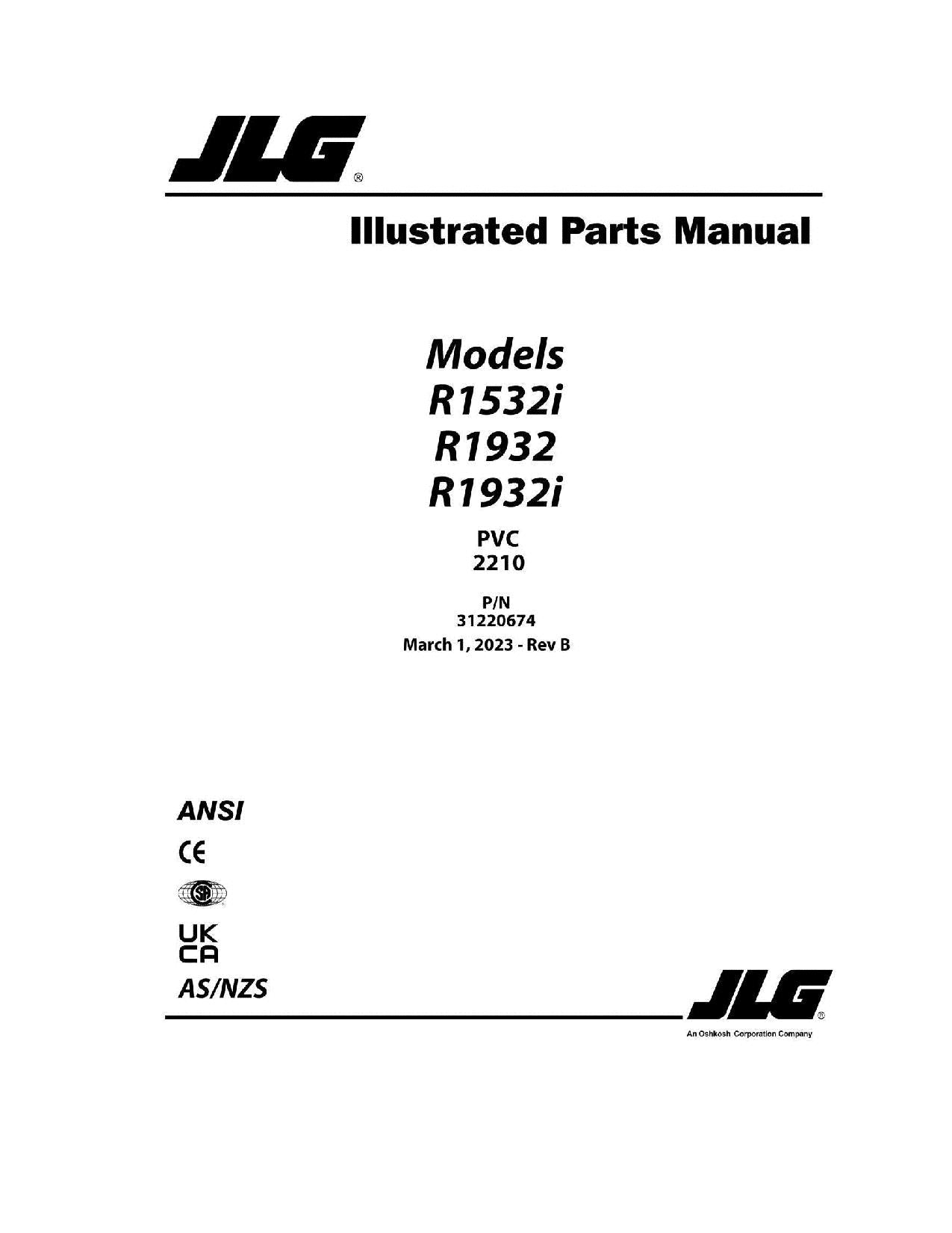 JLG R1532i R1932 R1932i Vertical Mast Parts Catalog Manual