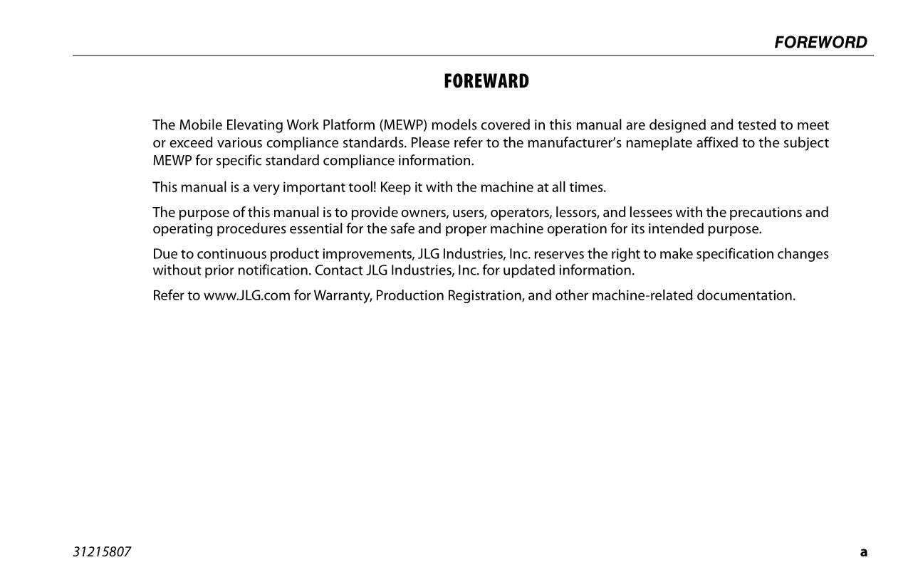 JLG 25AM 30AM 38AM Boom Lift Maintenance Operation Operators Manual