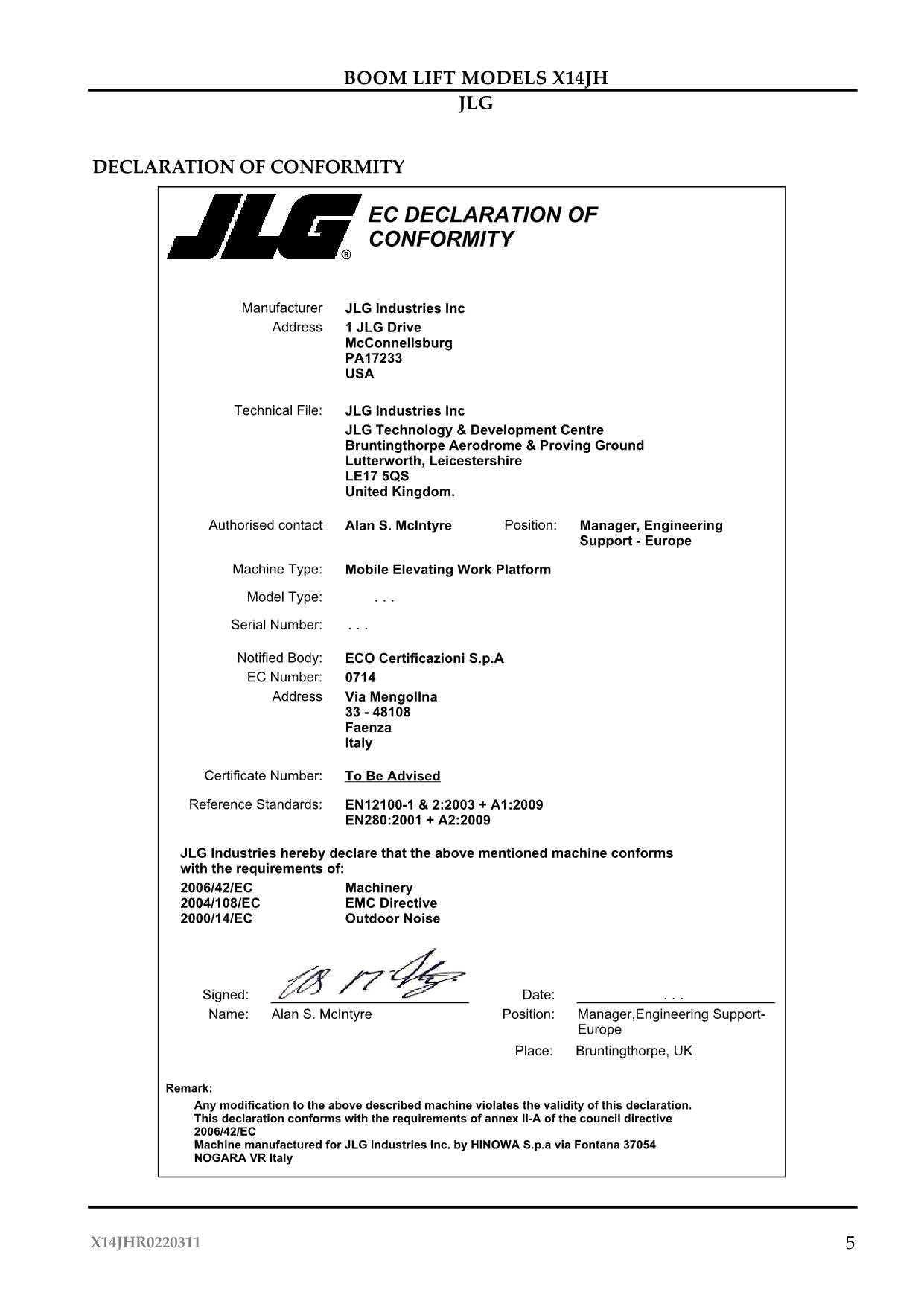 JLG X14JH Compact Crawler Boom Maintenance Operation Operators Manual