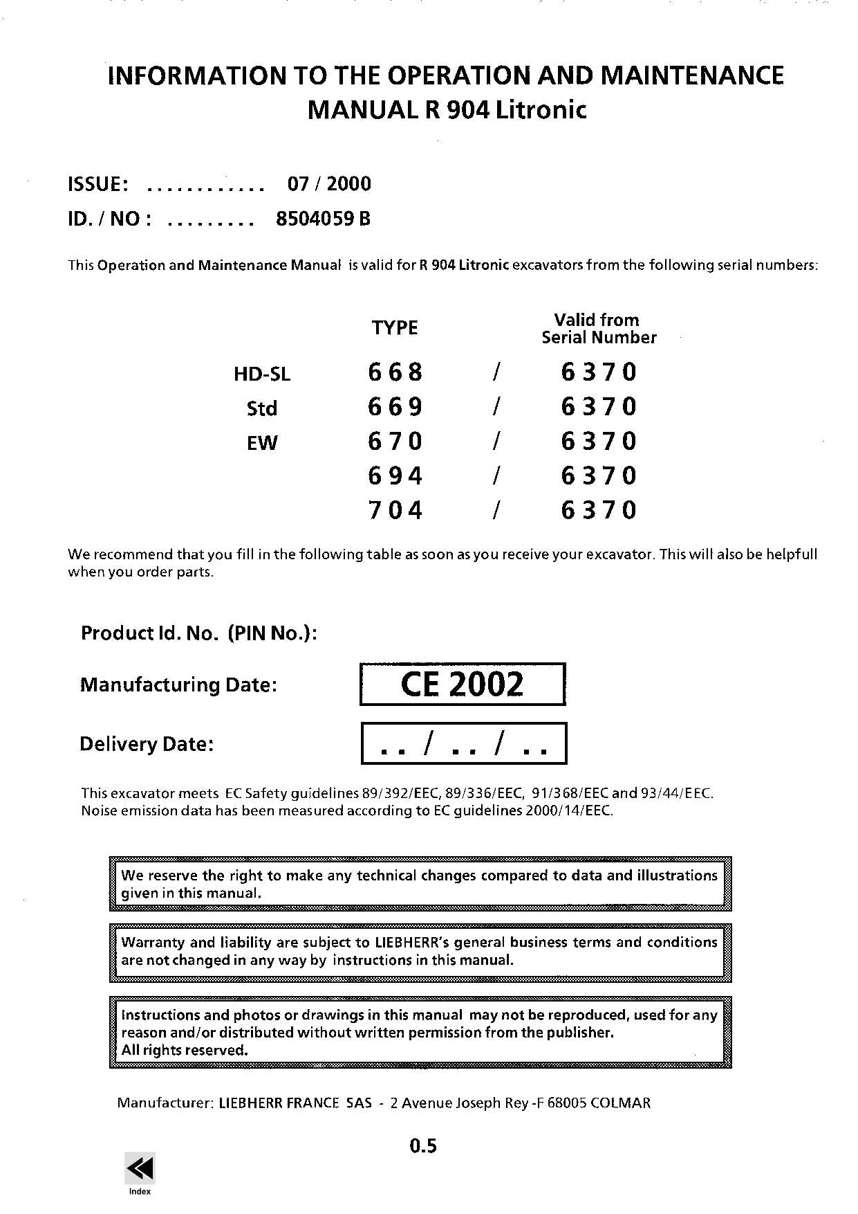 Liebherr R904 Litronic Excavator Operators manual serial 6370