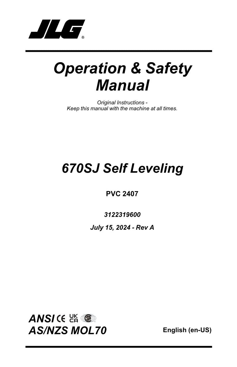 JLG 670SJ SL Boom Lift Maintenance Operation Operators Manual 3122319600