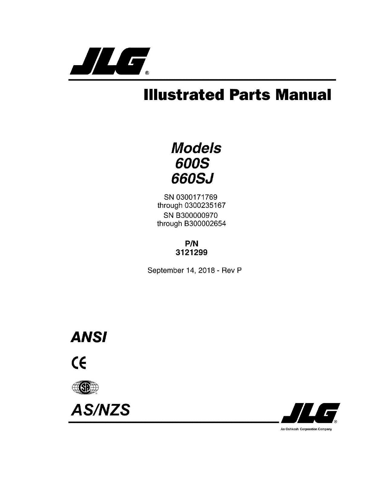 JLG 600S 660SJ Boom Lift Parts Catalog Manual 3121299