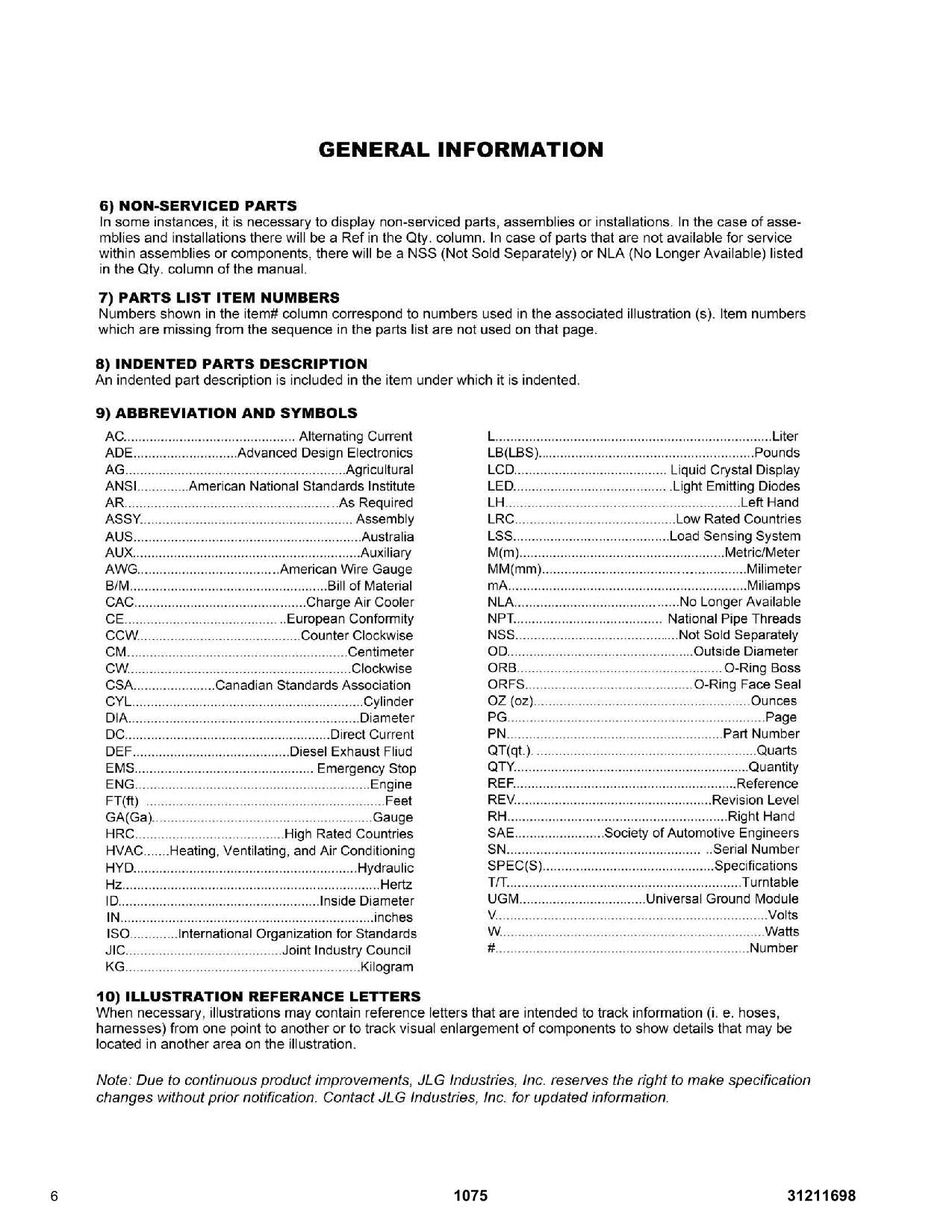 JLG 1075 Telehandler Parts Catalog Manual