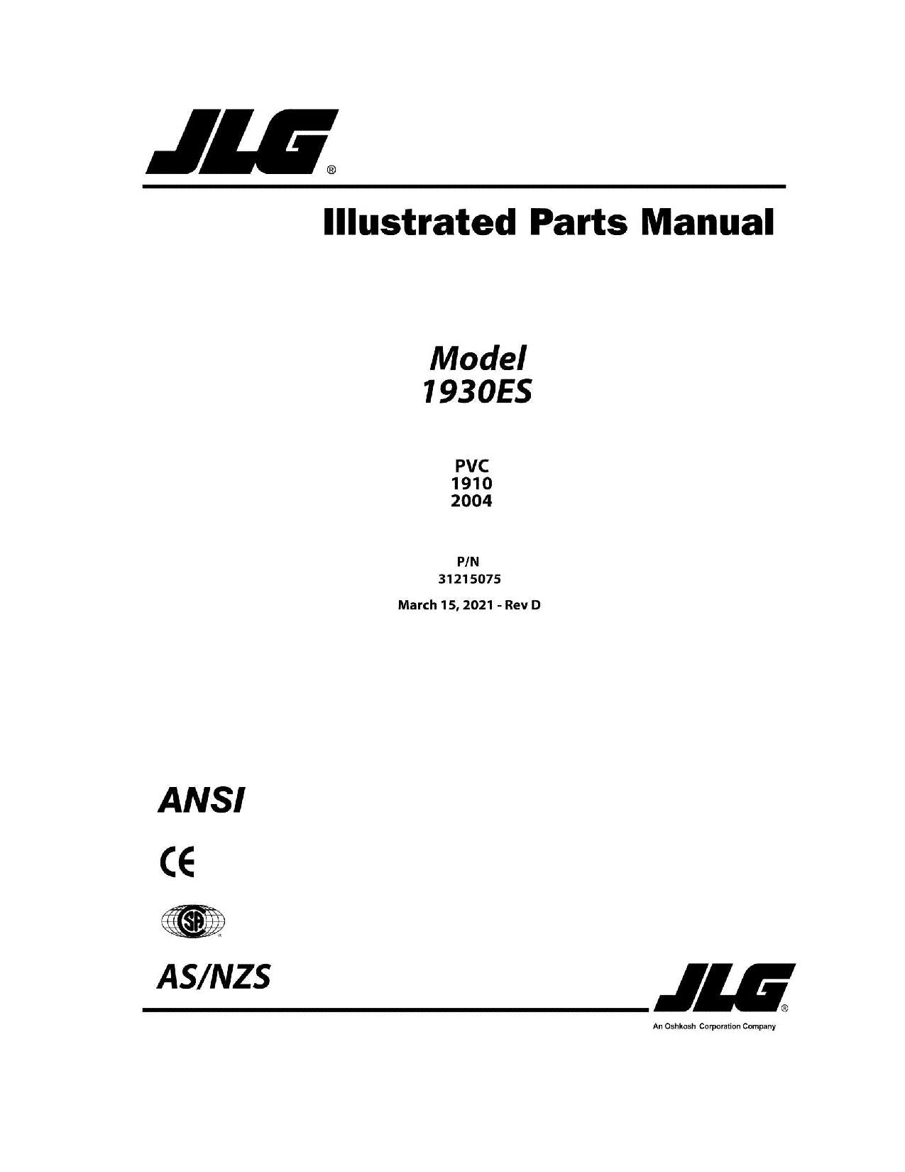 JLG 1930ES Scissor Lift Parts Catalog Hard Copy Manual