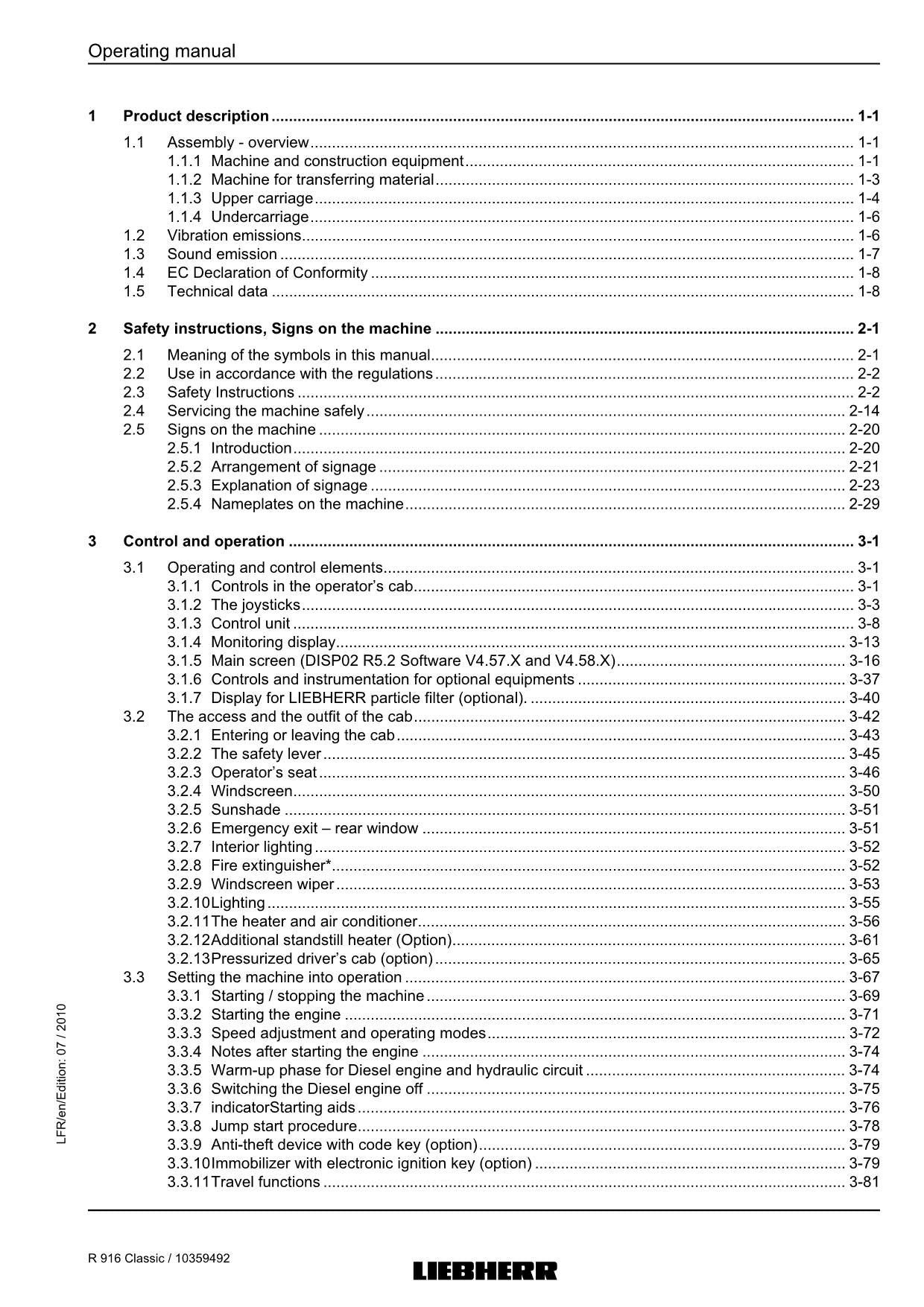 Liebherr R916 Classic Excavator Operators manual serial 27093