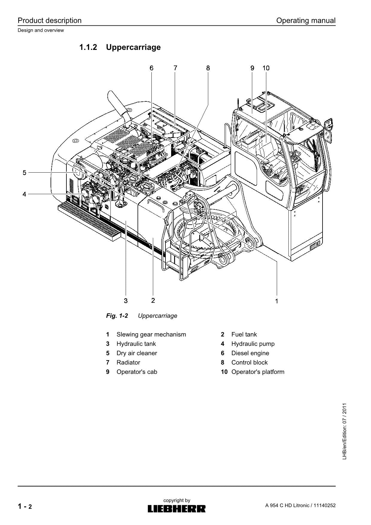 Liebherr A954 C HD Litronic Excavator Operators manual