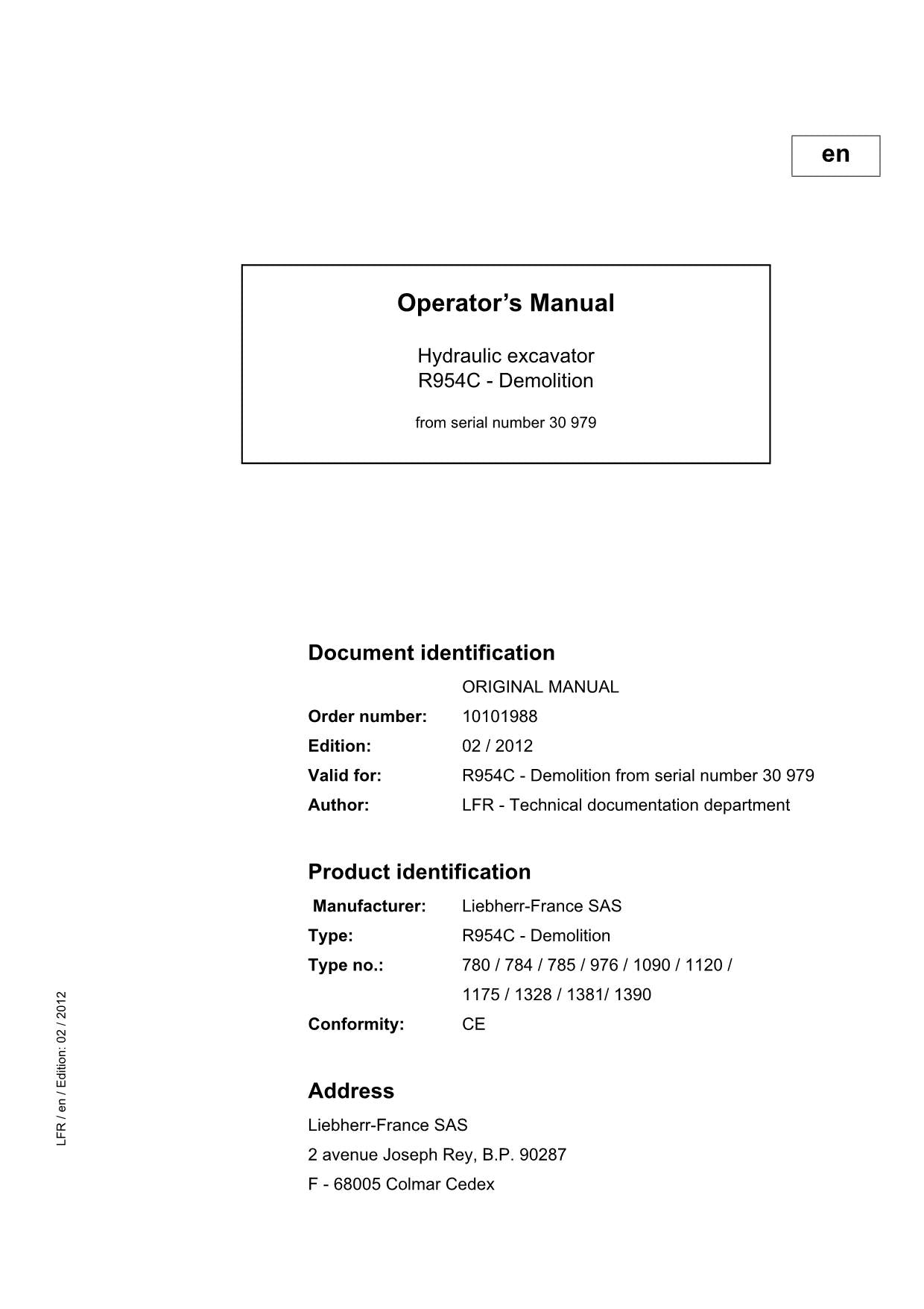 Liebherr R954 C - Demolition Excavator Operators manual