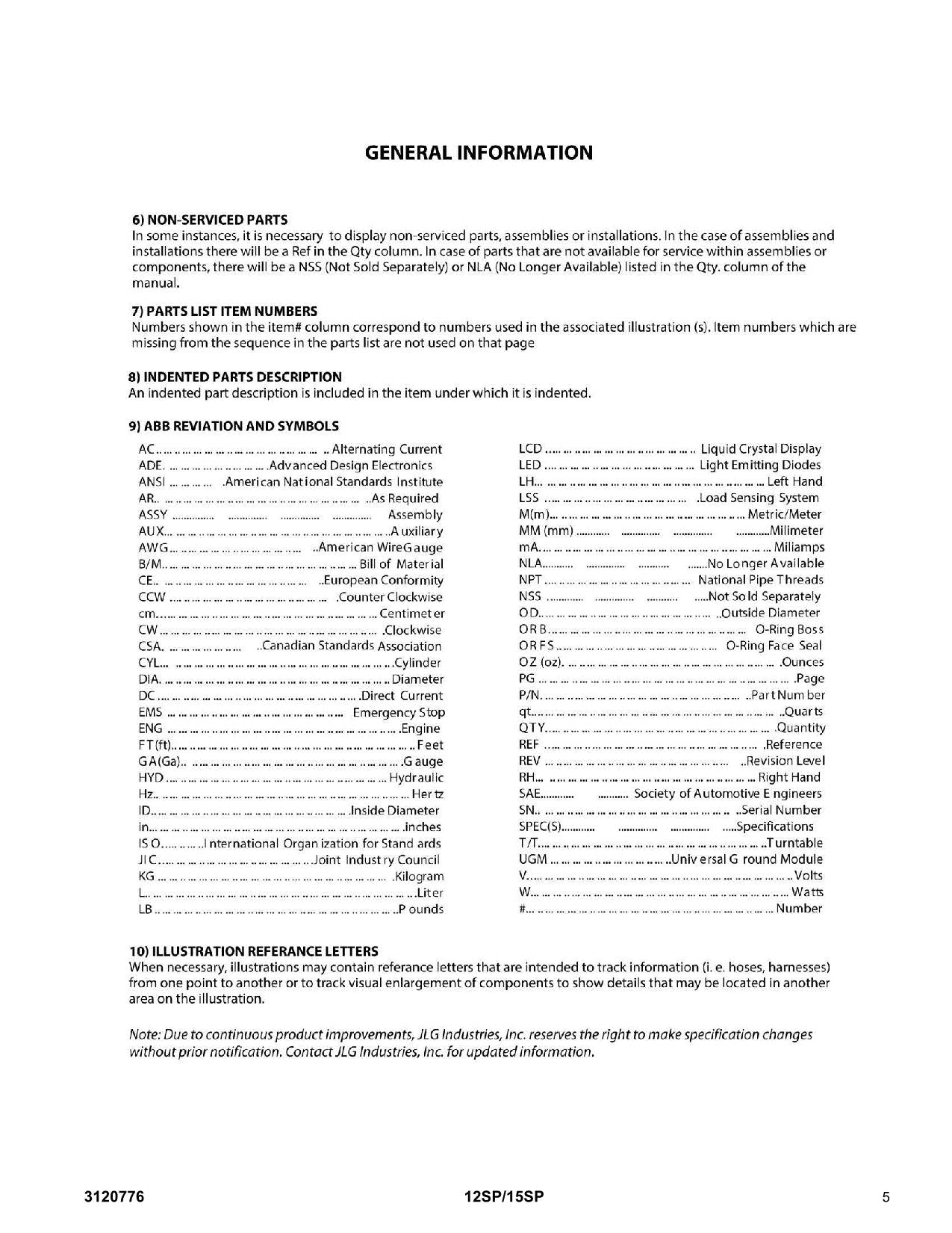 JLG 12SP 15SP Vertical Mast Parts Catalog Manual