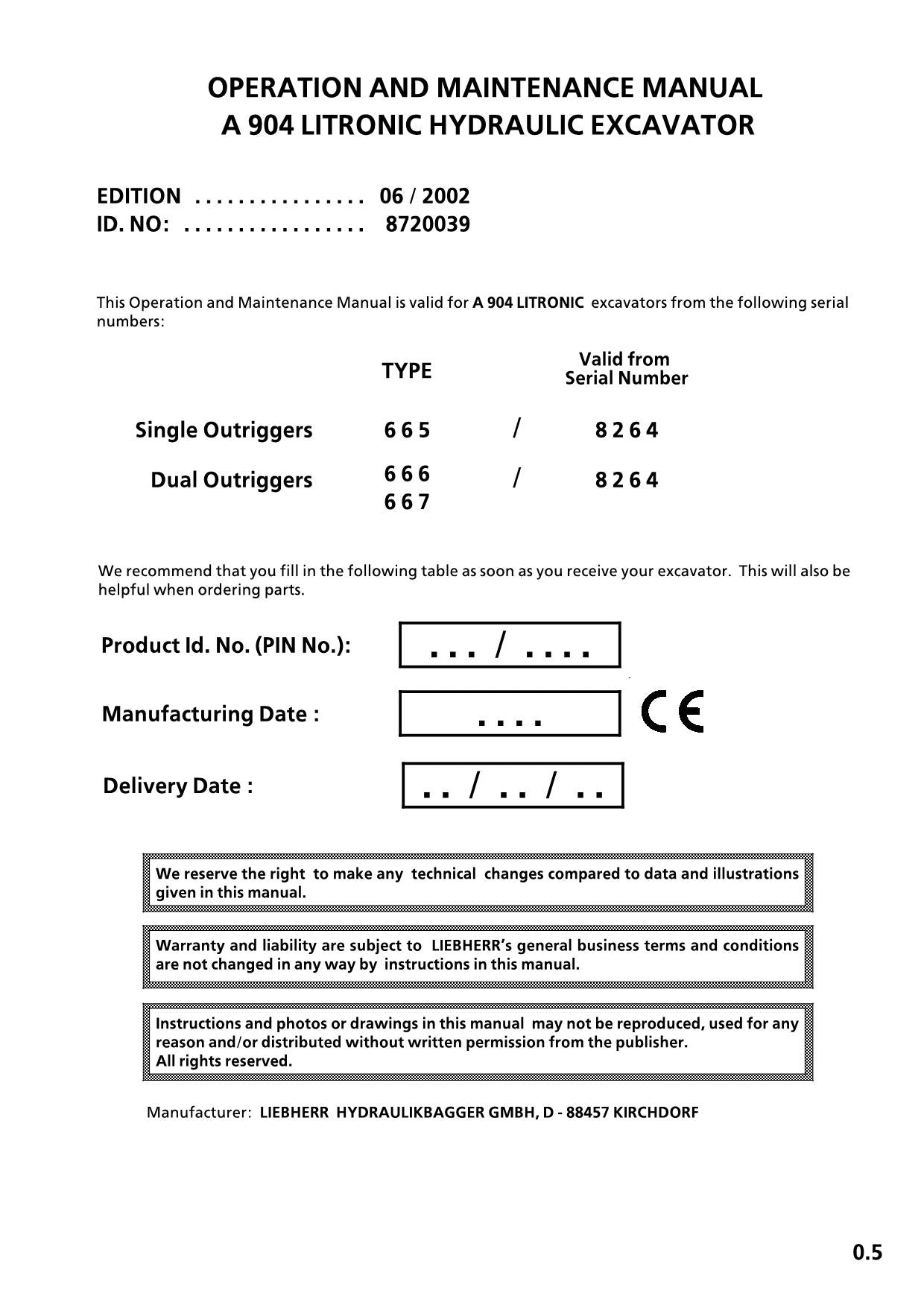 Liebherr A904 Litronic Excavator Operators manual