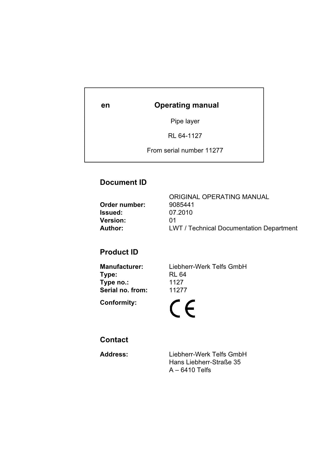 Liebherr RL64-1127 Pipe Layer Operators manual serial 11277