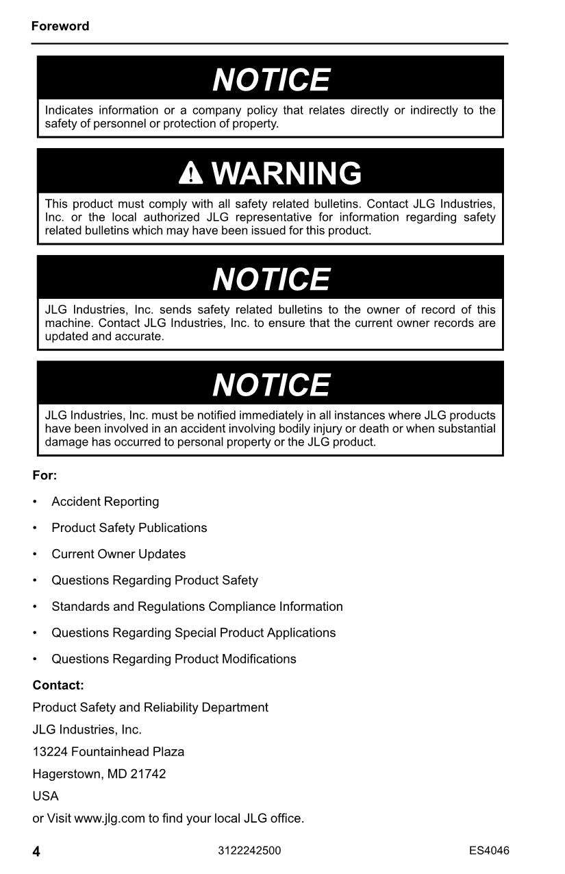 JLG ES4046 Scissor Lift Maintenance Operation Operators Manual