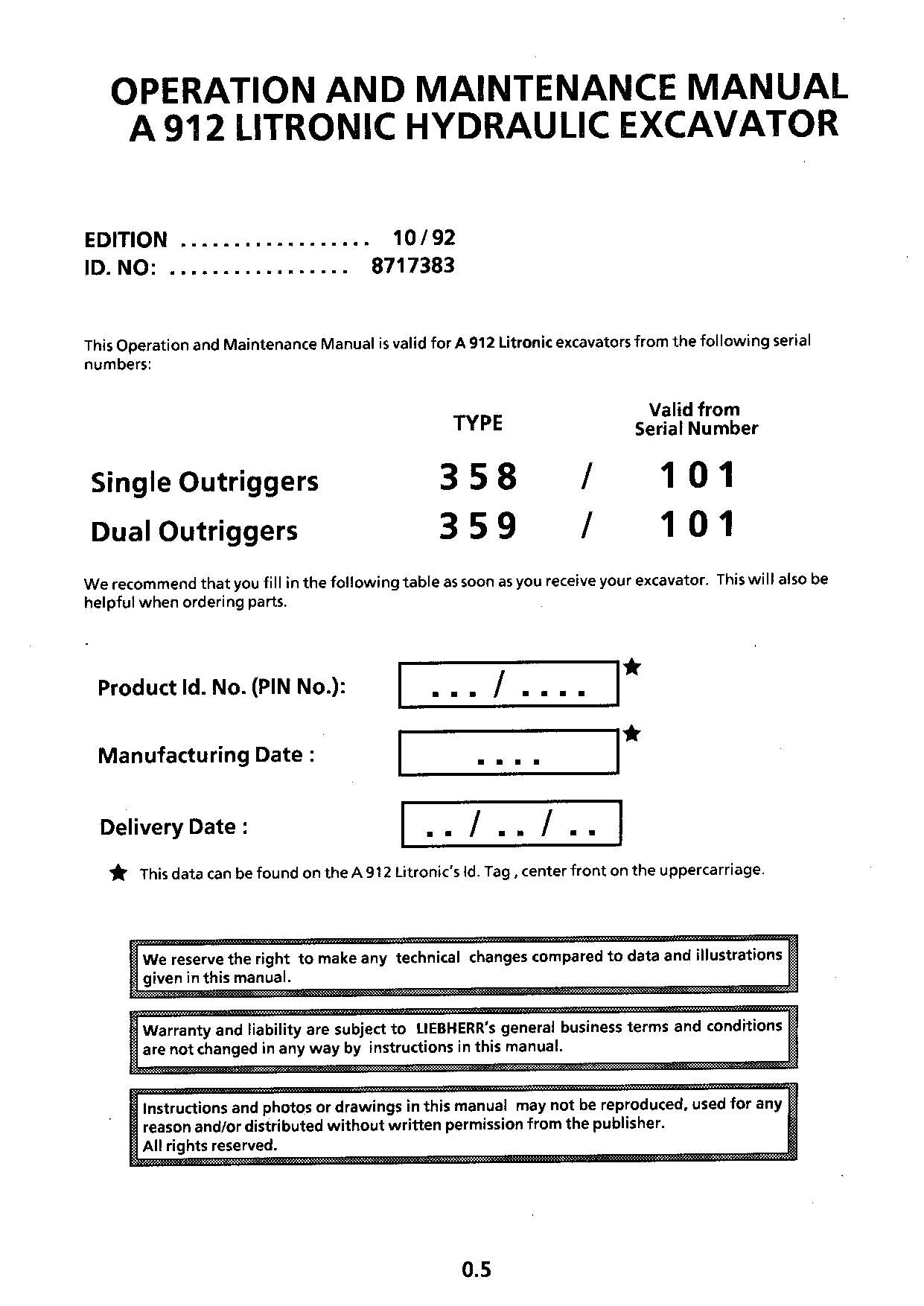 Liebherr A912 Litronic Excavator Operators manual serial 101