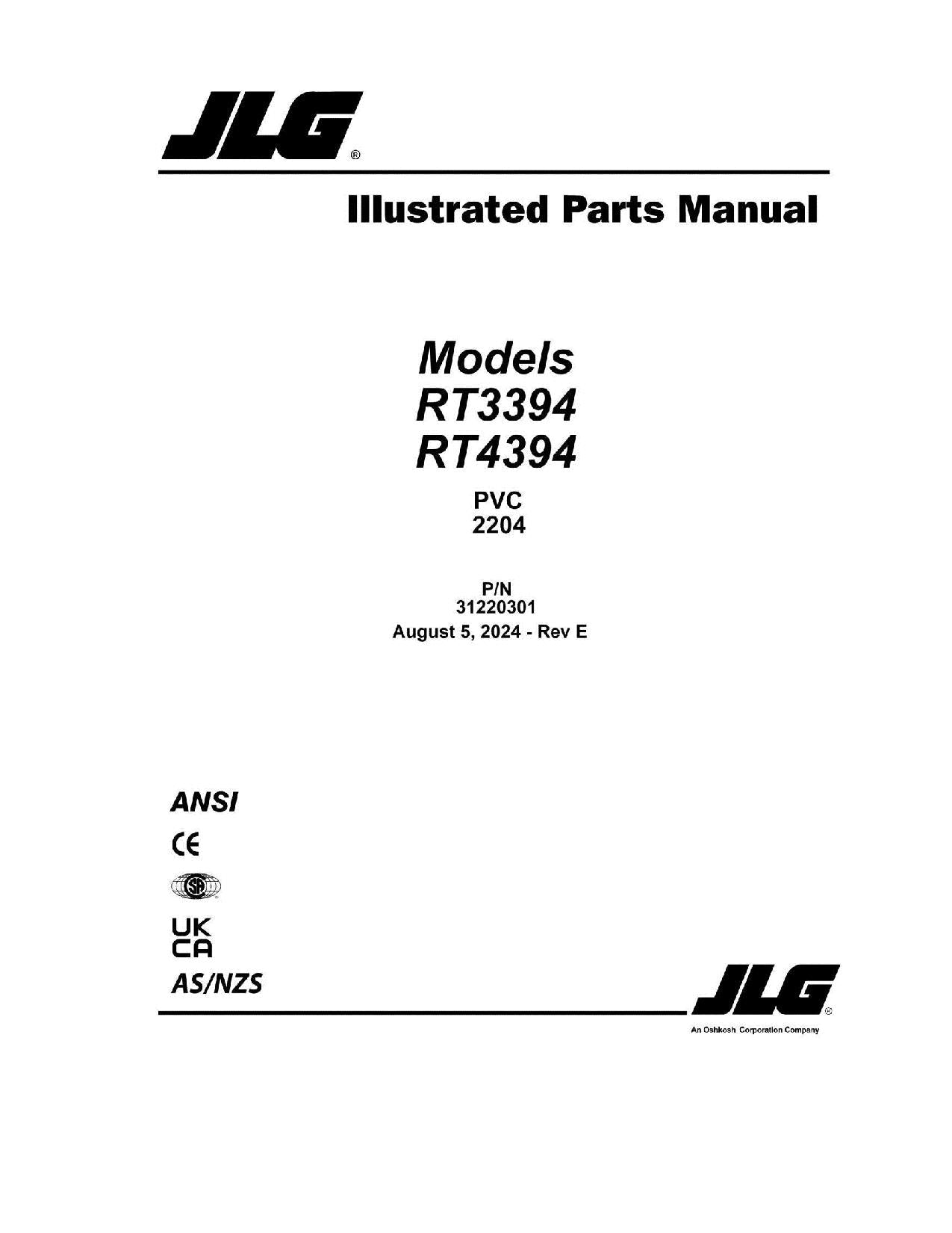 JLG RT3394 RT4394 Scissor Lift Parts Catalog Manual 31220301