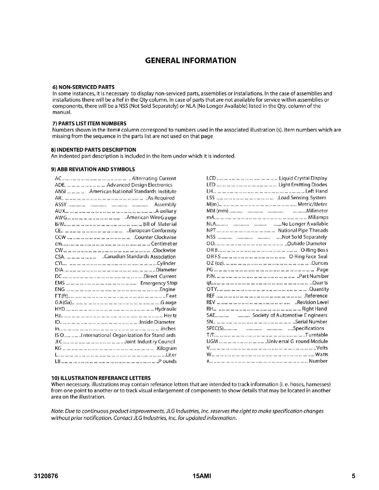 JLG 15AMI Vertical Mast Parts Catalog Manual