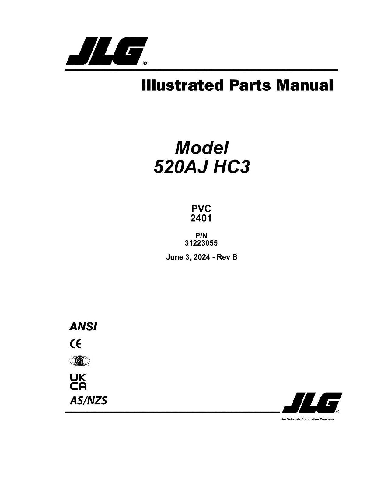 JLG 520AJ HC3 Boom Lift Parts Catalog Manual 31223055