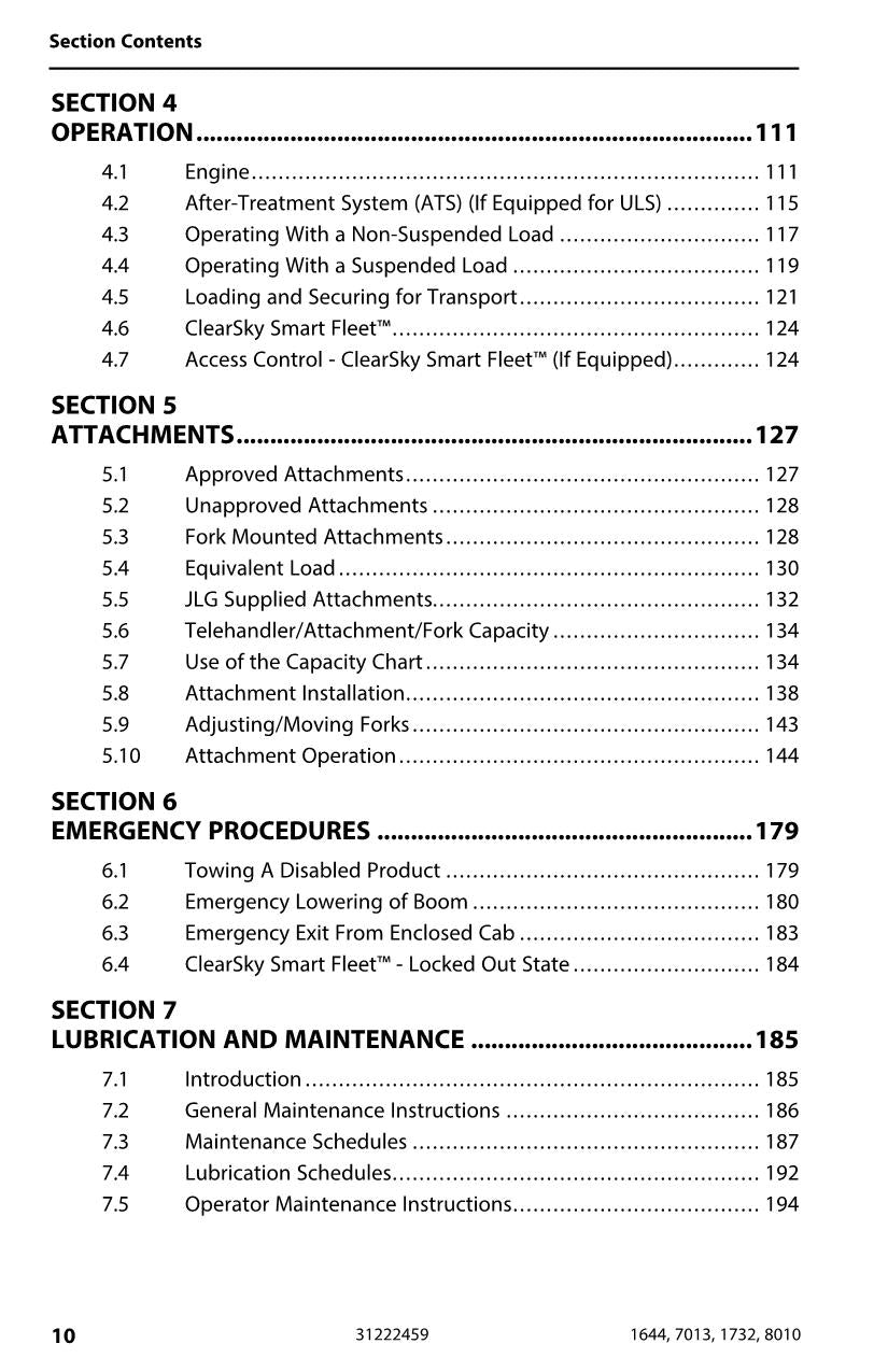 JLG 1644 1732 7013 8010 Telehandler Maintenance Operators Manual 31222459