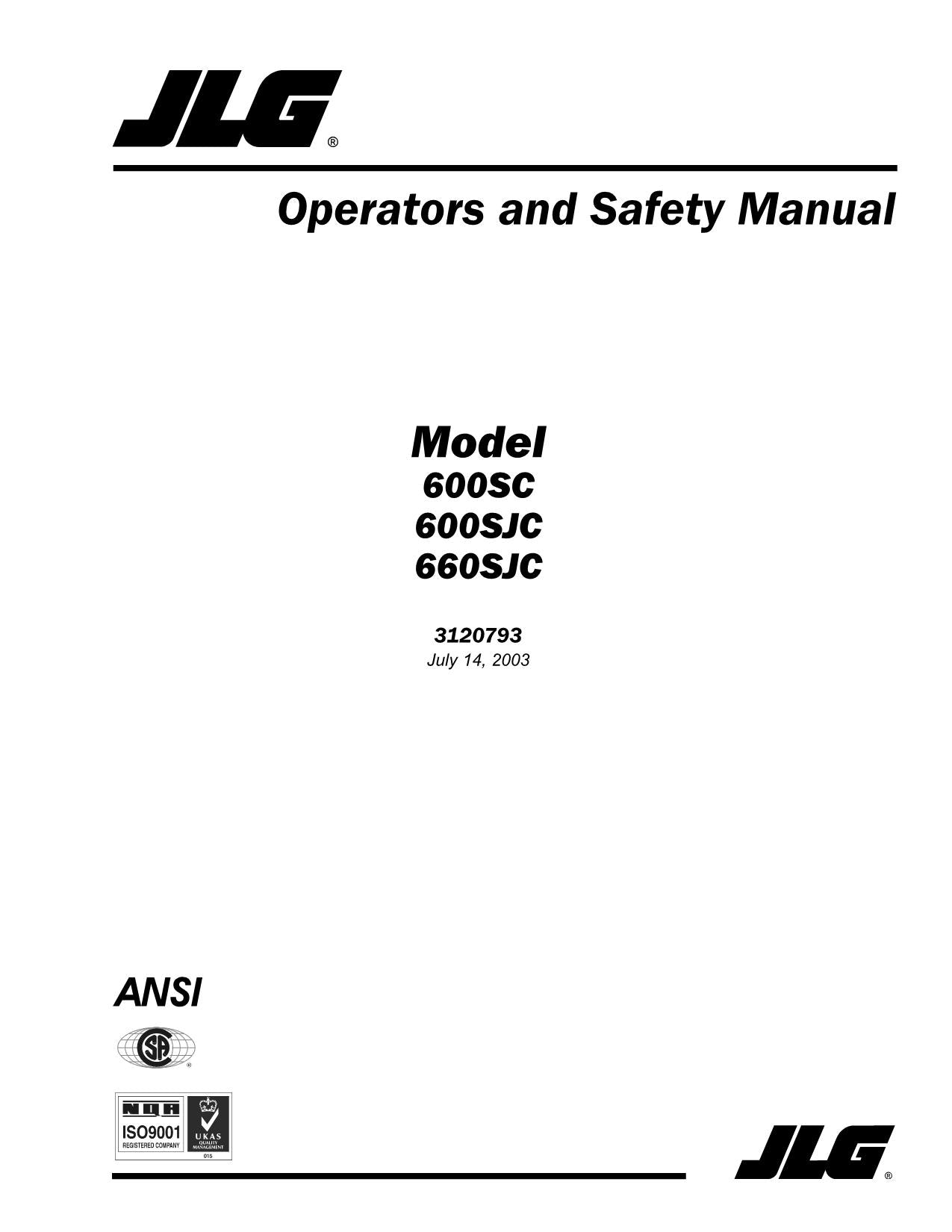 JLG 600SC 600SJC 660SJC Boom Lift Maintenance Operation Operators Manual 3120793