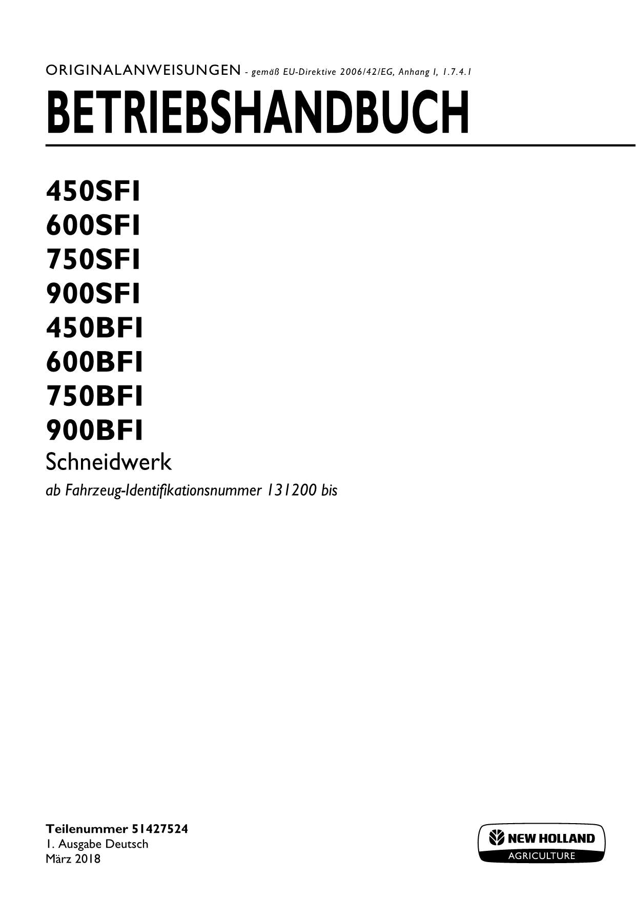 New Holland 450BFI 450SFI 600BFI 600SFI Schneidwerk Betriebsanleitung