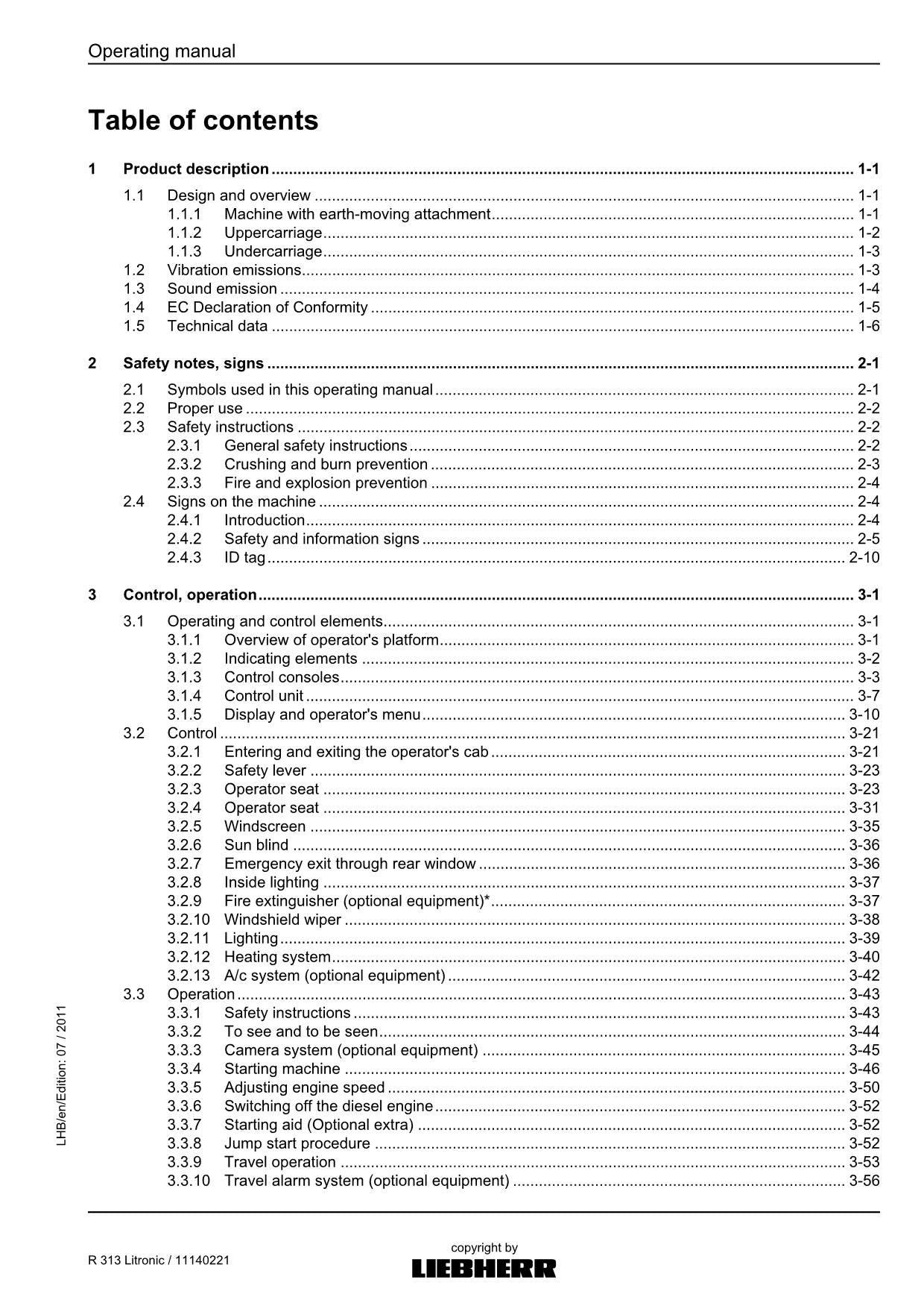 Liebherr R313 Litronic Excavator Operators manual serial 57082