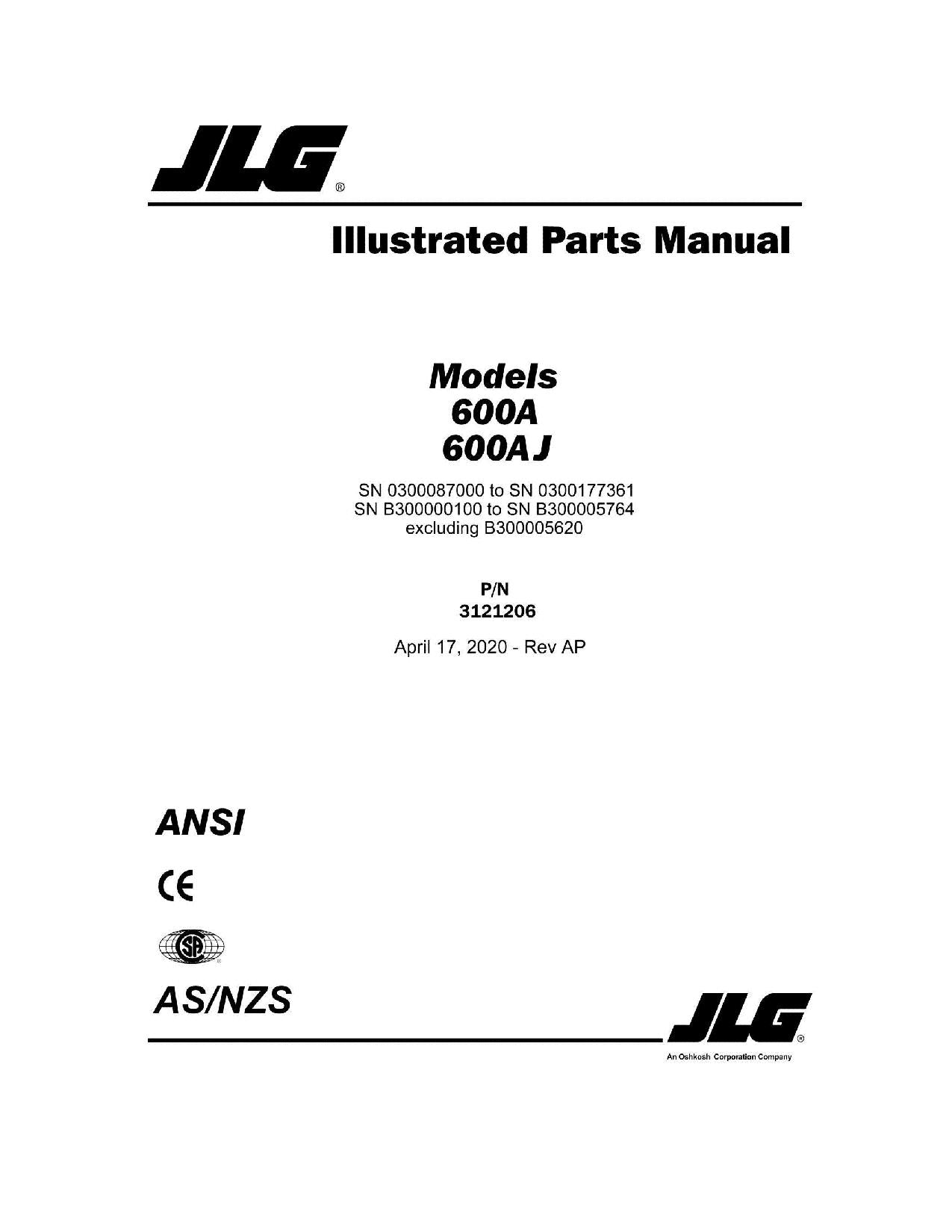 JLG 600A 600AJ Boom Lift Parts Catalog Manual