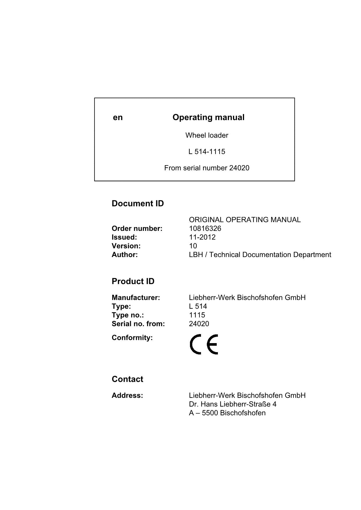 Liebherr L514-1115 Wheel Loader Operators manual