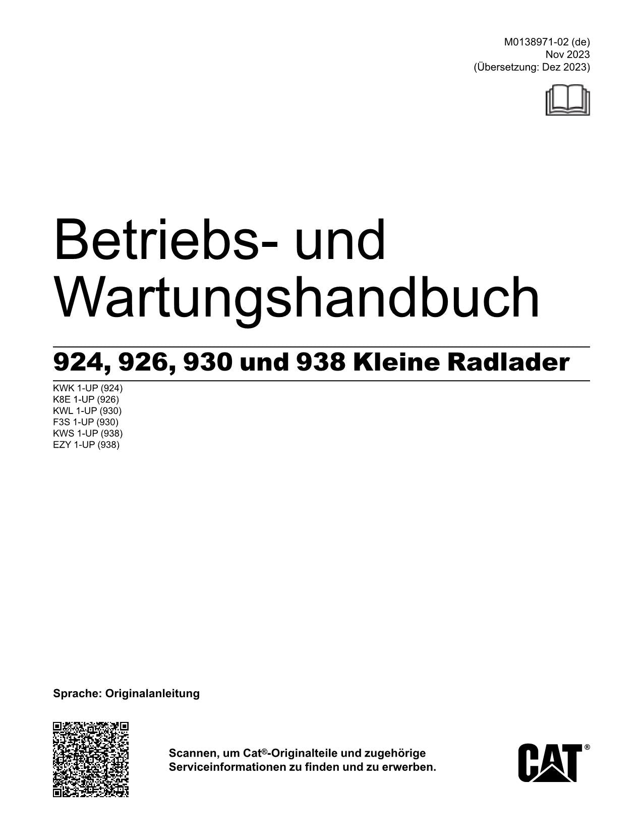 Caterpillar 924 926 930 938 Radlader Betriebsanleitung Wartungshandbuch