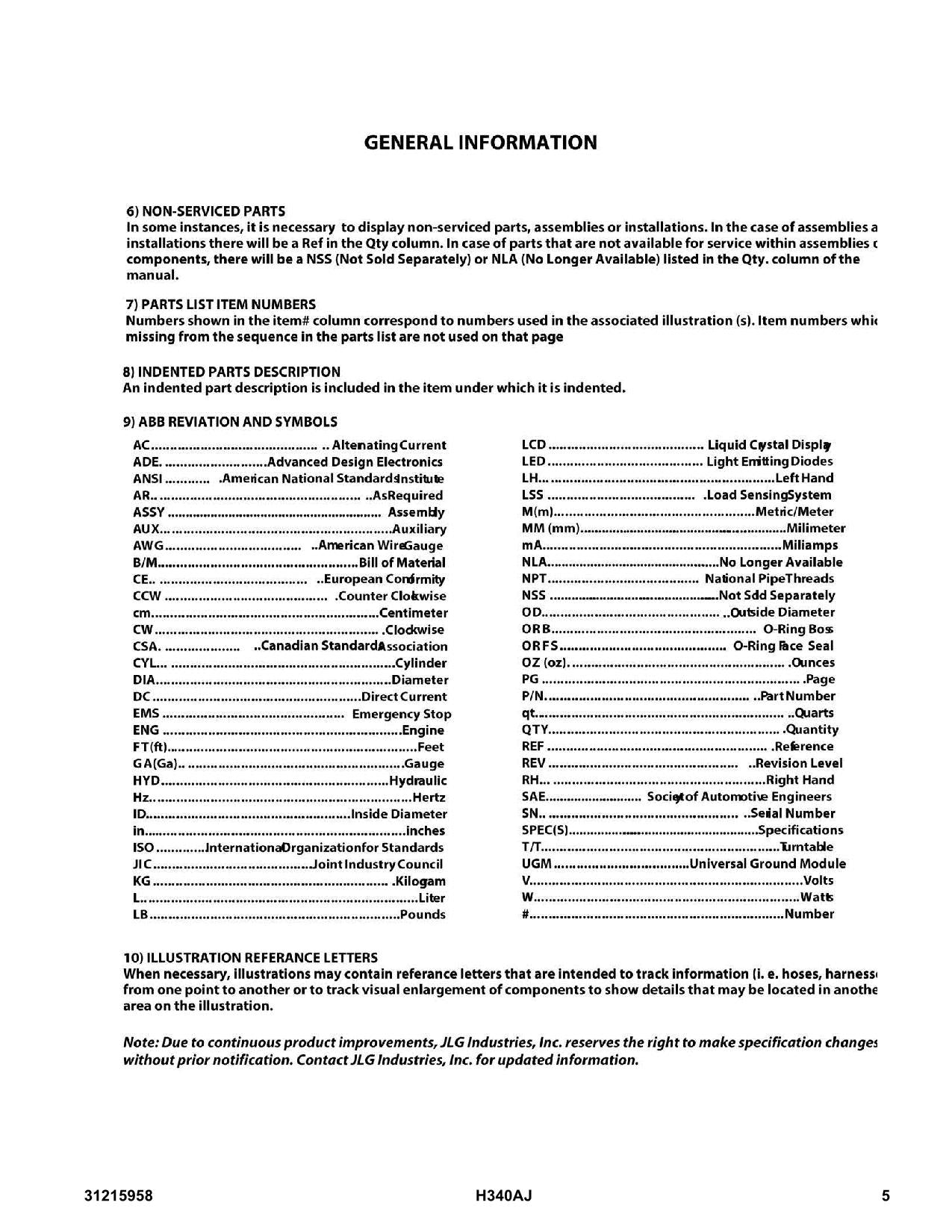 JLG H340AJ Boom Lift Parts Catalog Manual 31215958