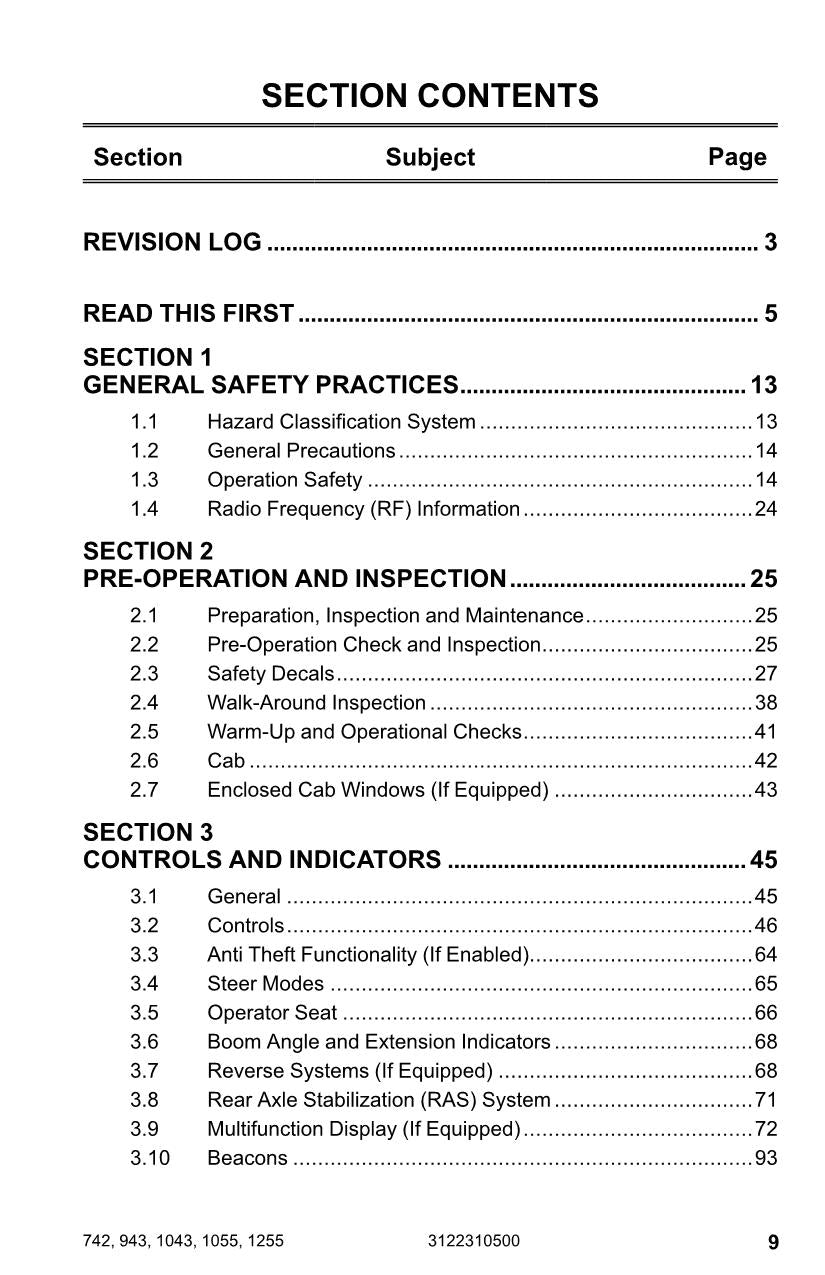 JLG 1043 1055 1255 742 943 Telehandler Maintenance Operators Manual 3122310500