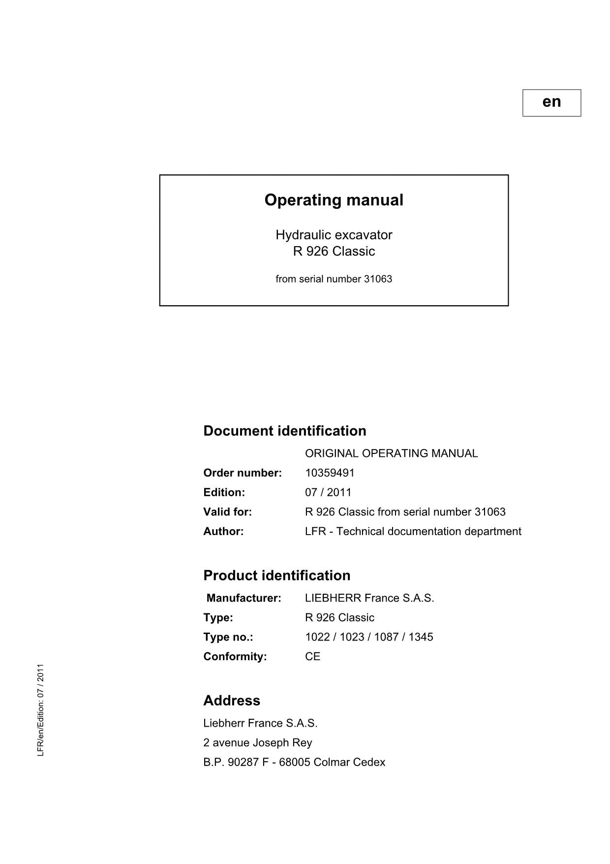 Liebherr R926 Classic Excavator Operators manual serial 31063