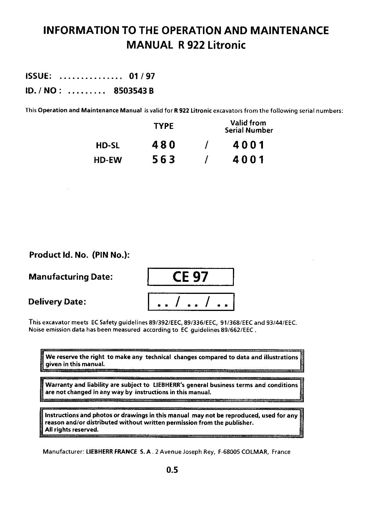 Liebherr R922 Litronic Excavator Operators manual serial 4001