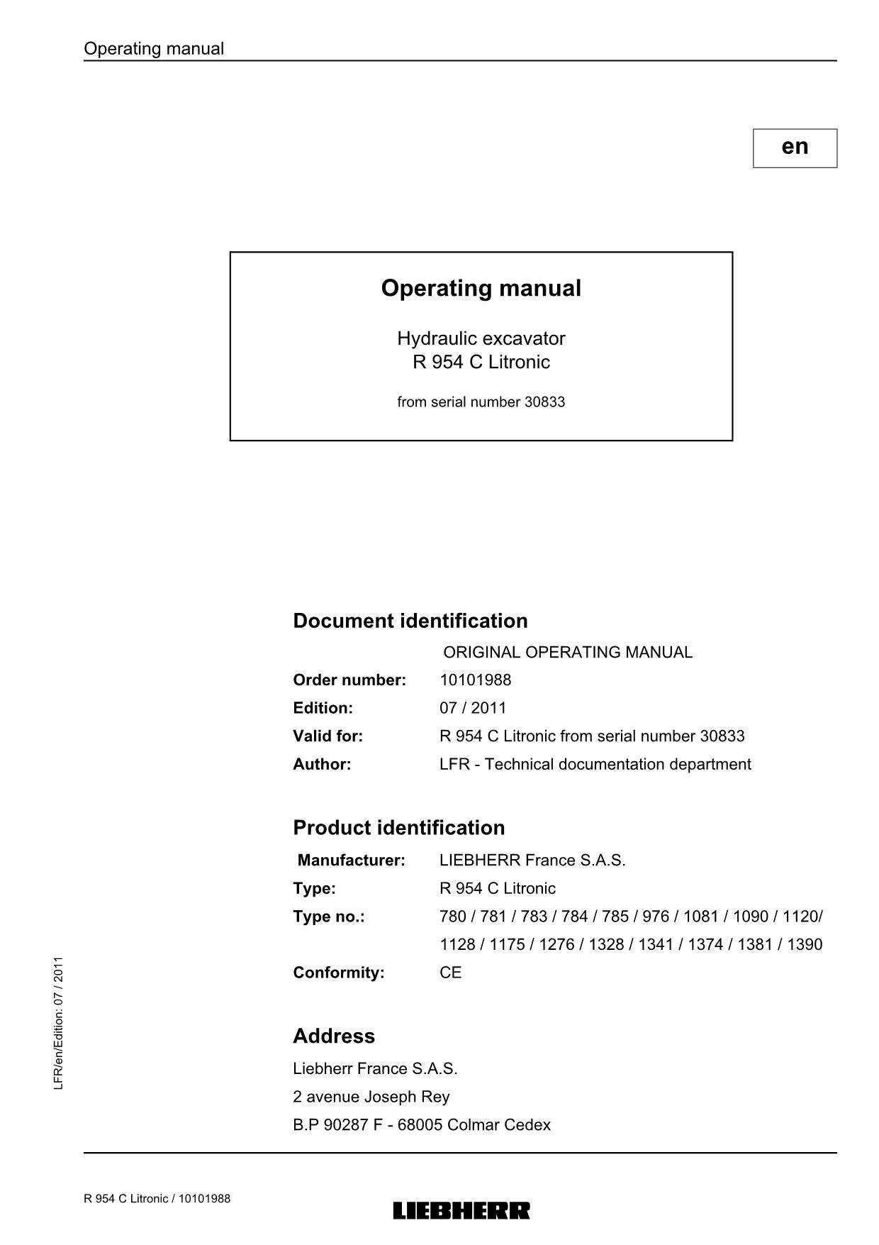 Liebherr R954 C Litronic Excavator Operators manual serial 30833