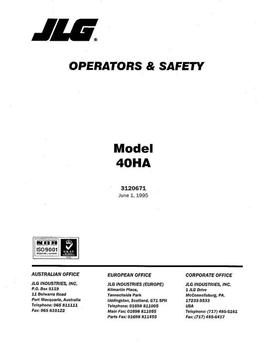 JLG 40HA Boom Lift Maintenance Operation Operators Manual