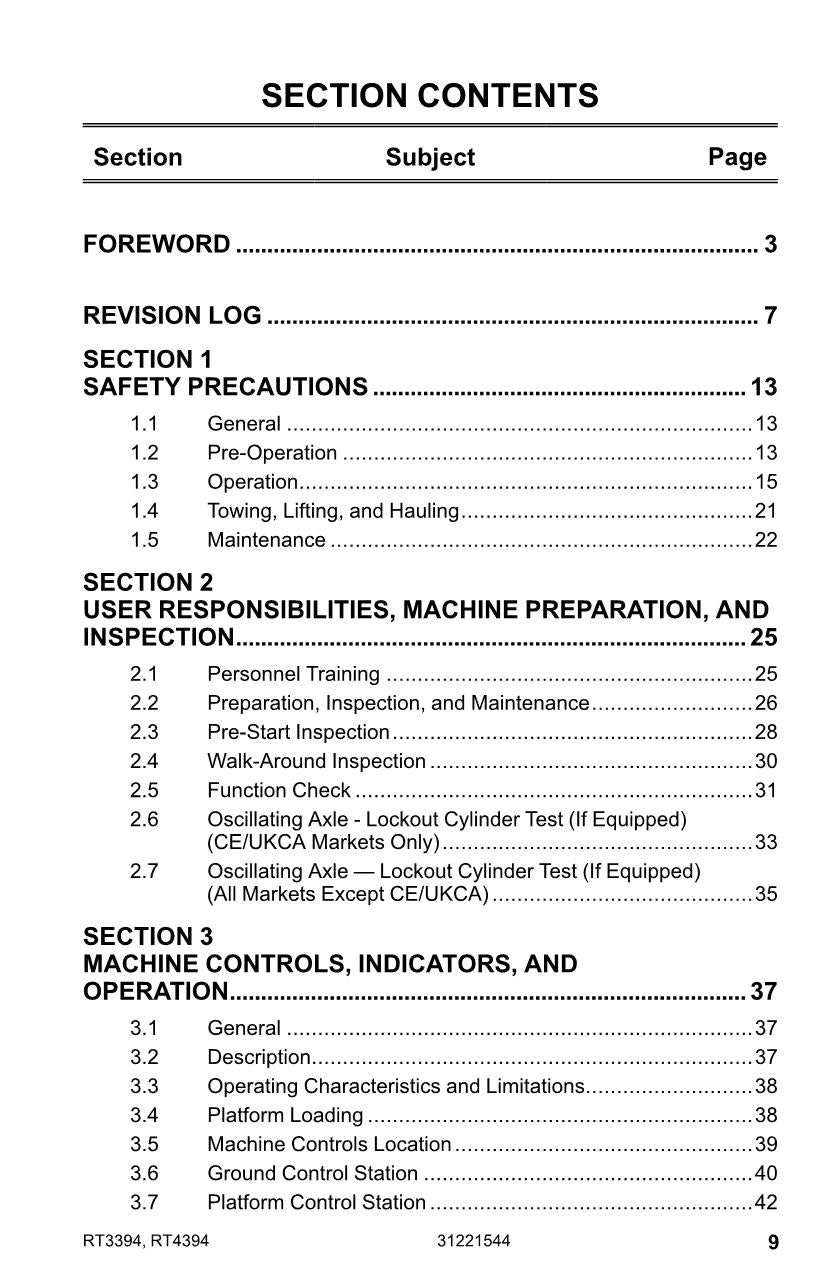 JLG RT3394 RT4394 Scissor Lift Maintenance Operation Operators Manual 31221544