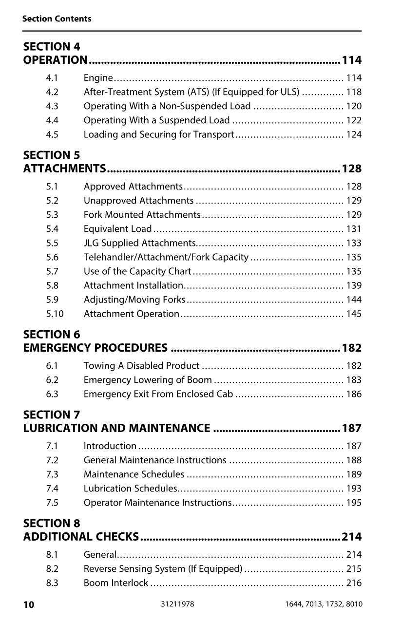 JLG 1644 1732 7013 8010 Telehandler Maintenance Operators Manual 31211978