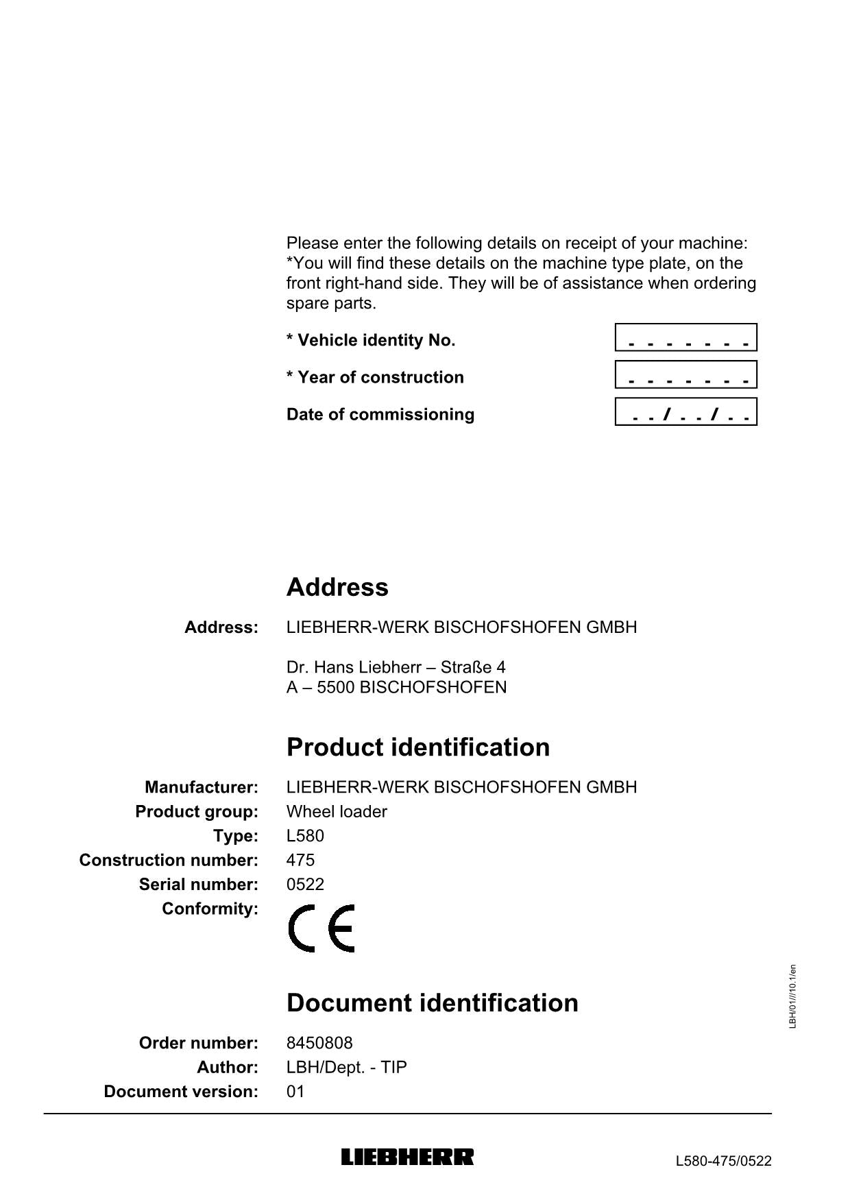 Liebherr L580 Wheel Loader Operators manual serial 0522