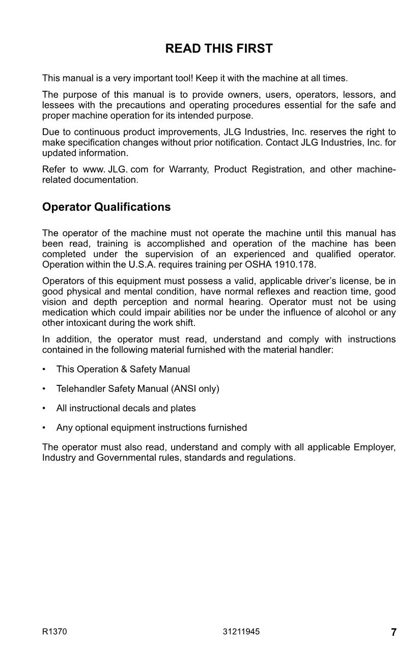 JLG R1370 Telehandler Maintenance Operation Operators Manual