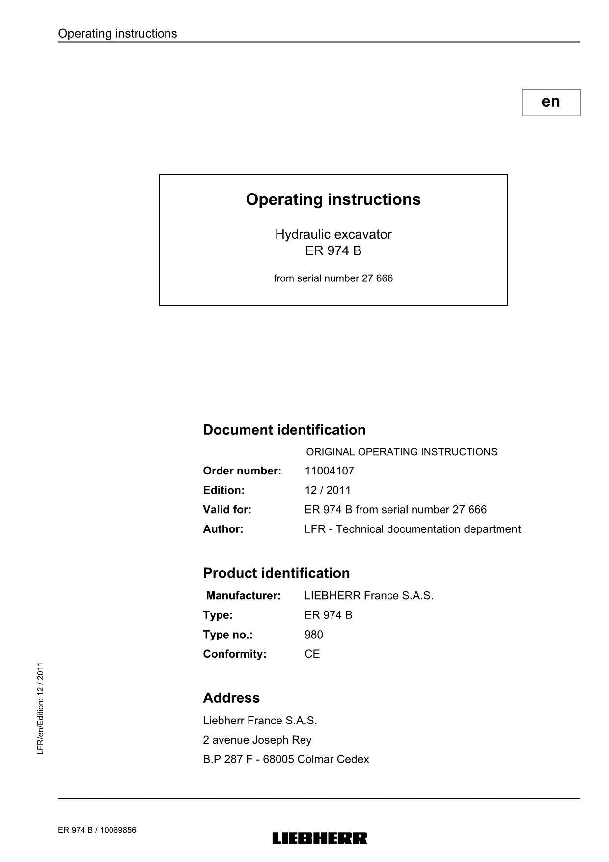 Liebherr ER974 B Excavator Operators manual