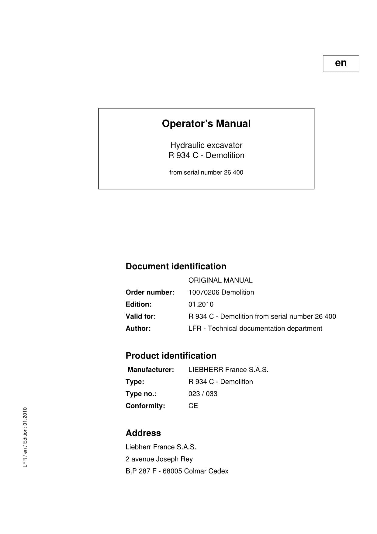 Liebherr R934 C Demolition Excavator Operators manual serial 26400