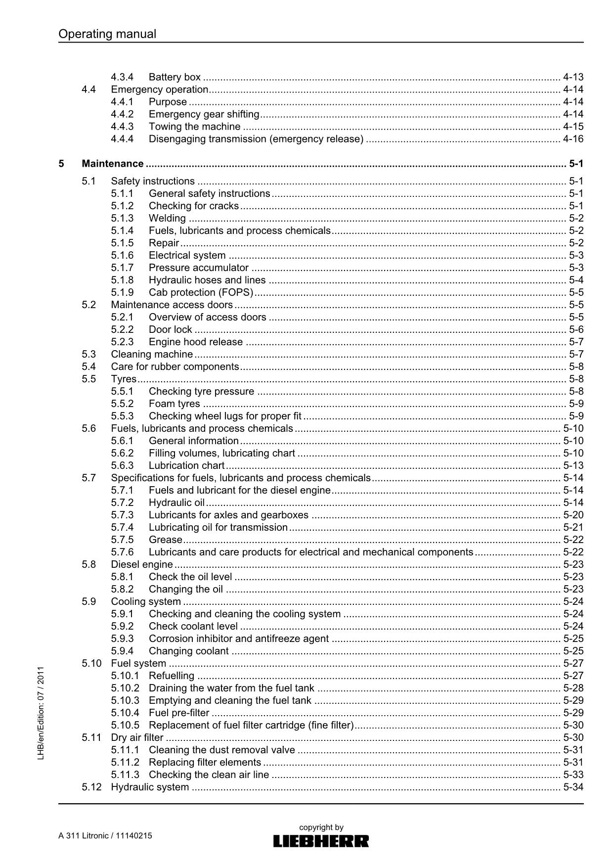 Liebherr A311 Litronic Excavator Operators manual