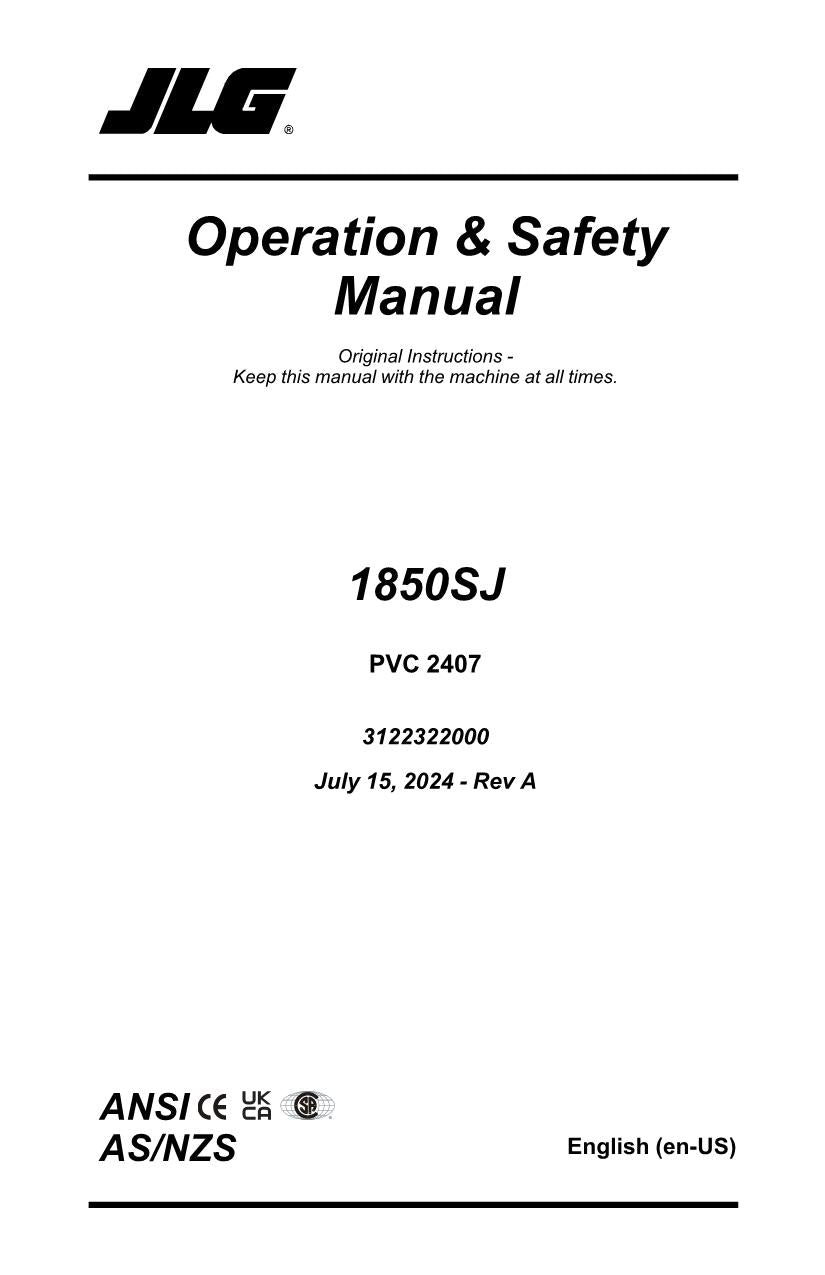 JLG 1850SJ Boom Lift Maintenance Operation Operators Manual 3122322000