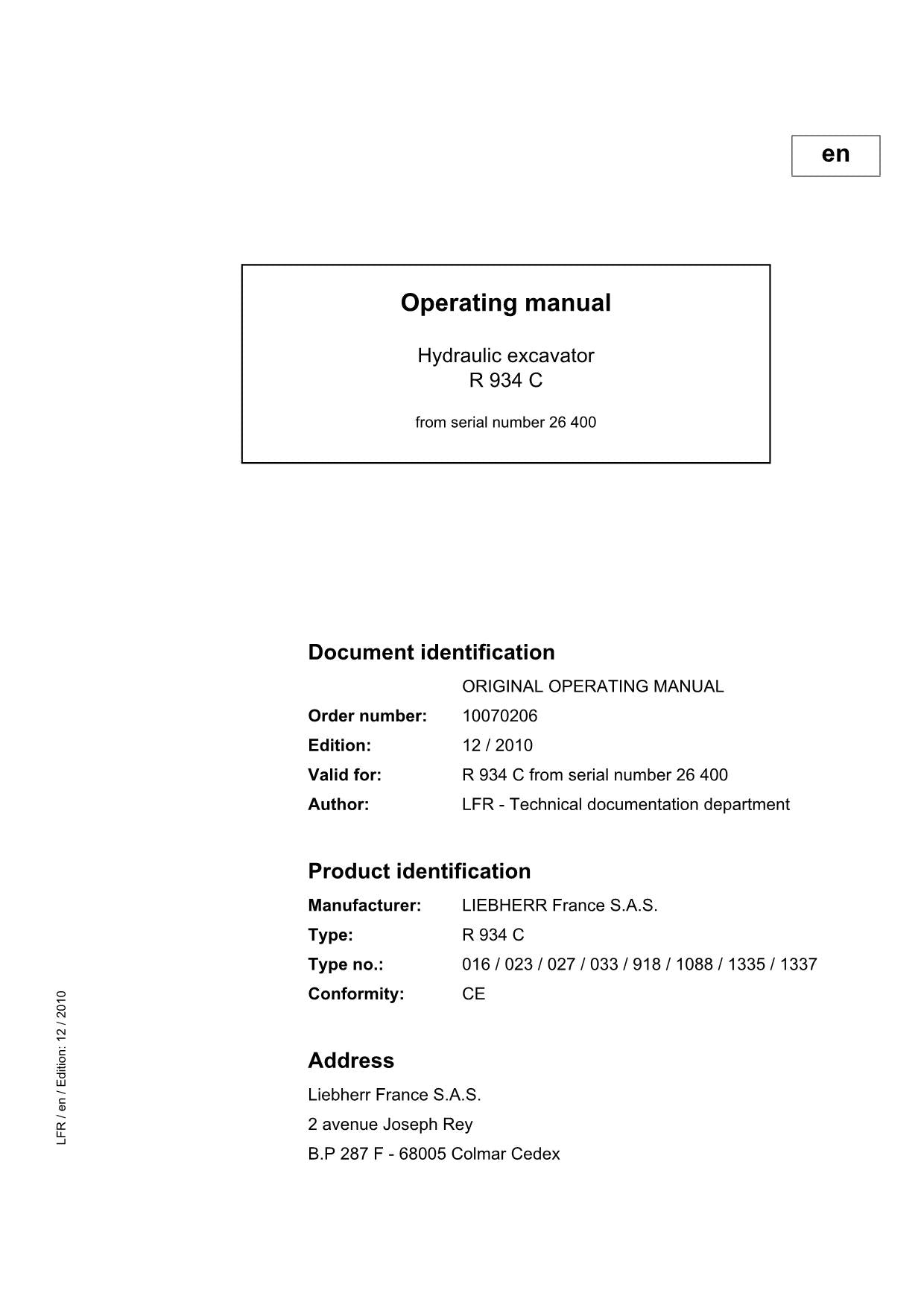 Liebherr R934 C Excavator Operators manual serial 26400