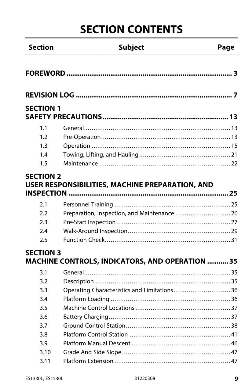 JLG ES1330L ES1530L Scissor Lift Maintenance Operation Operators Manual 31220308