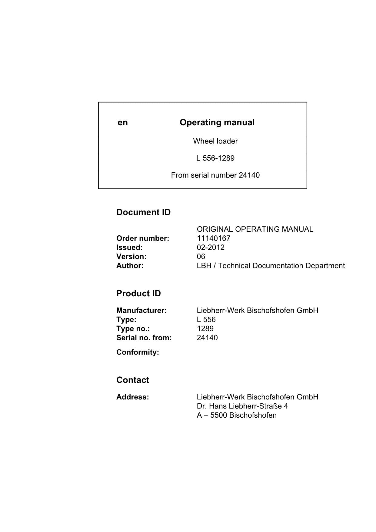 Liebherr L556-1289 Wheel Loader Operators manual serial 24140