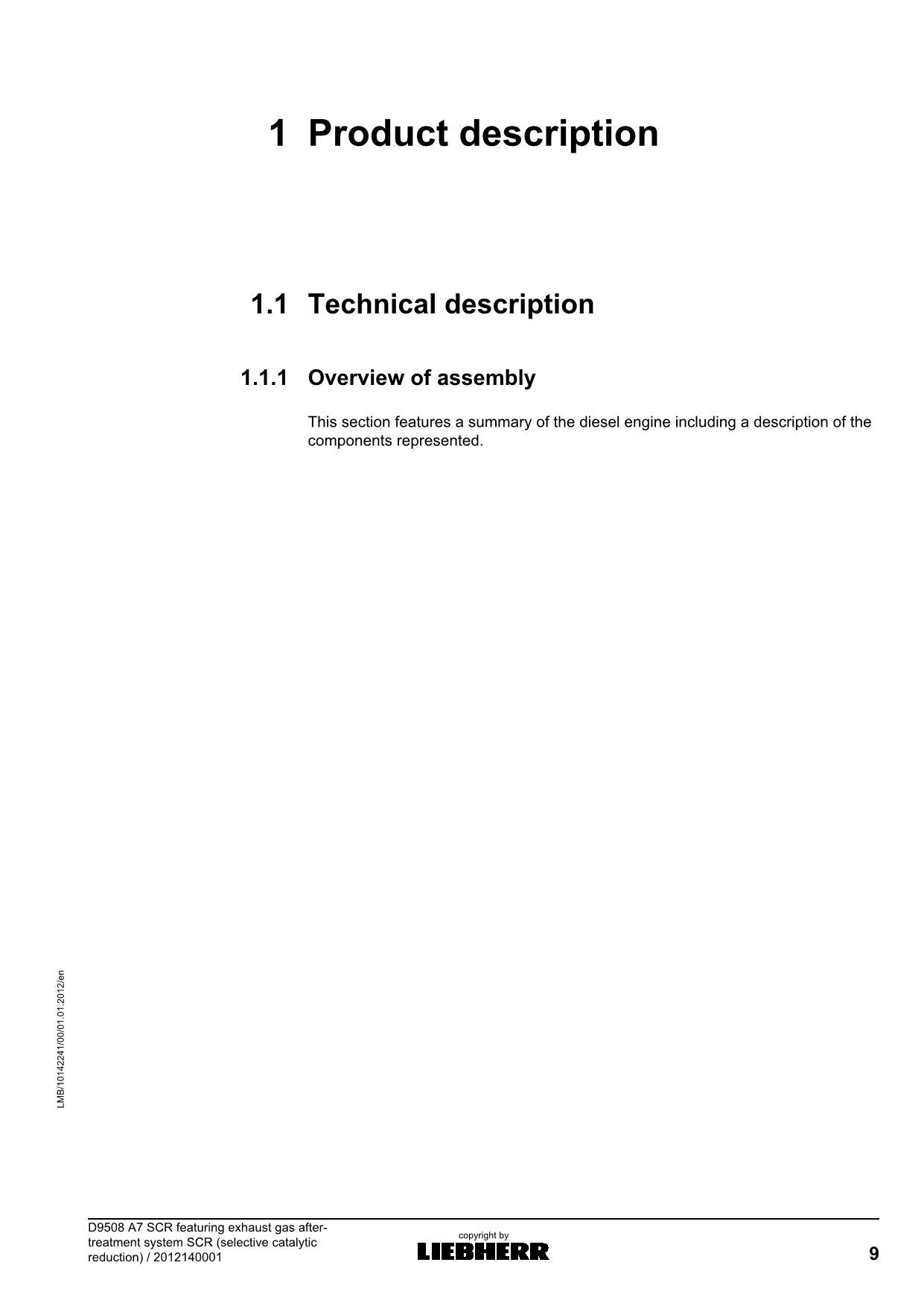 Liebherr D9508 A7 SCR featuring exhaust gas SCR engine Operators manual