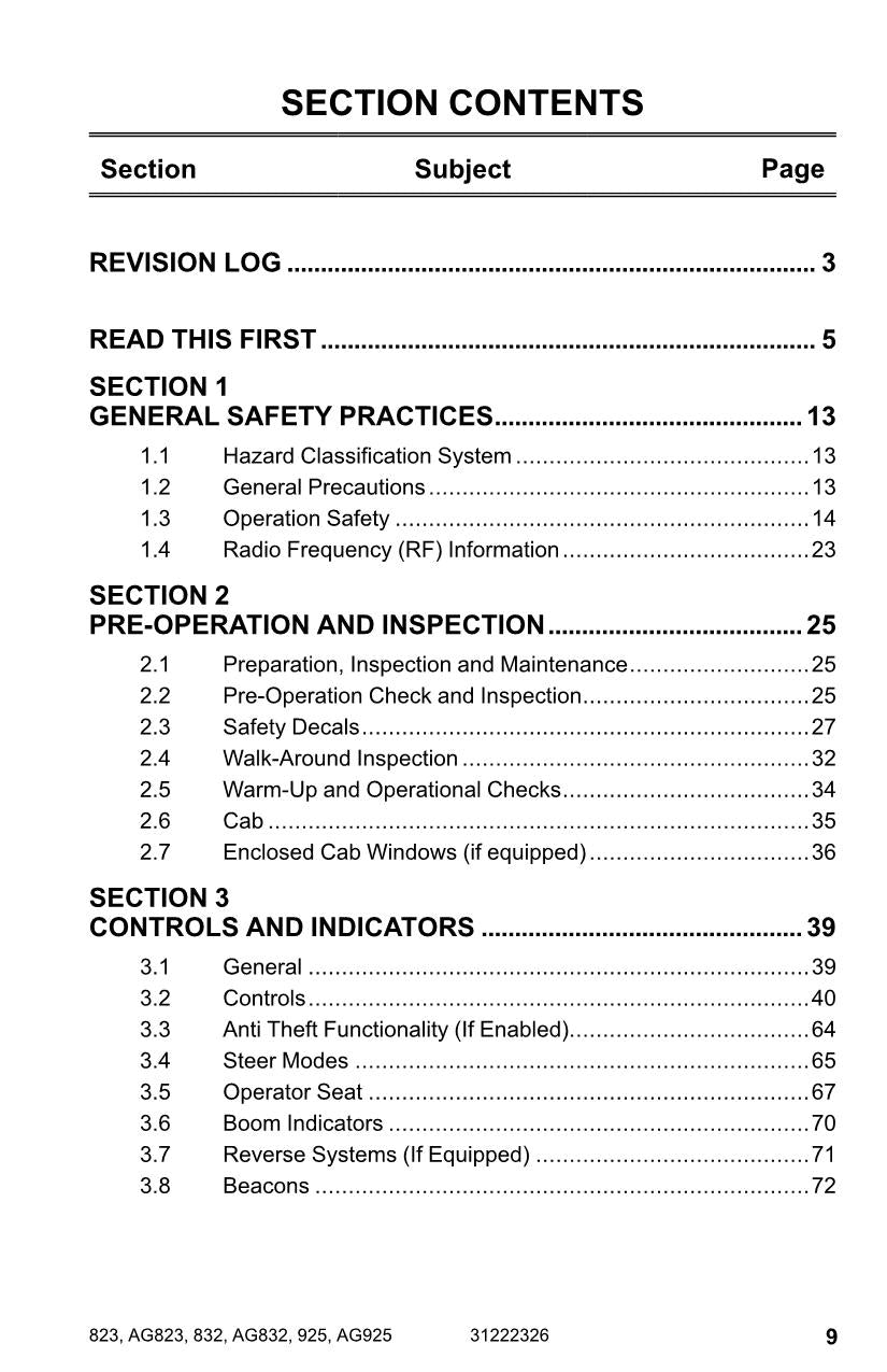 JLG 823 832 925 AG823 AG832 AG925 Telehandler Operators Manual